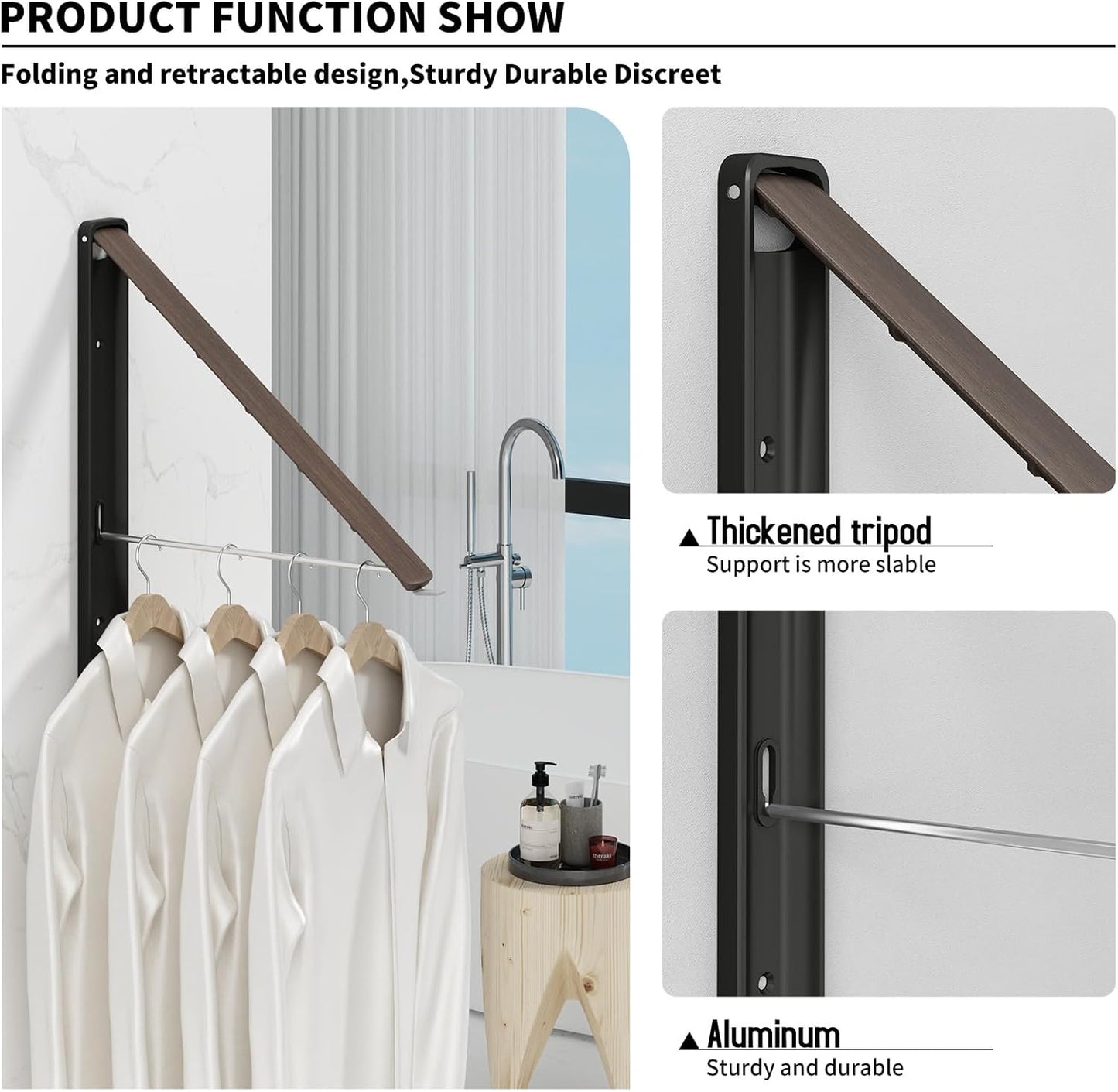 Clothes Drying Rack for Laundry Drying Rack Wall Mounted Clothes Hanger Rack Retractable Laundry Hanger Dryer Rack Space Saving Closet Organizer Aluminium (Walnut)