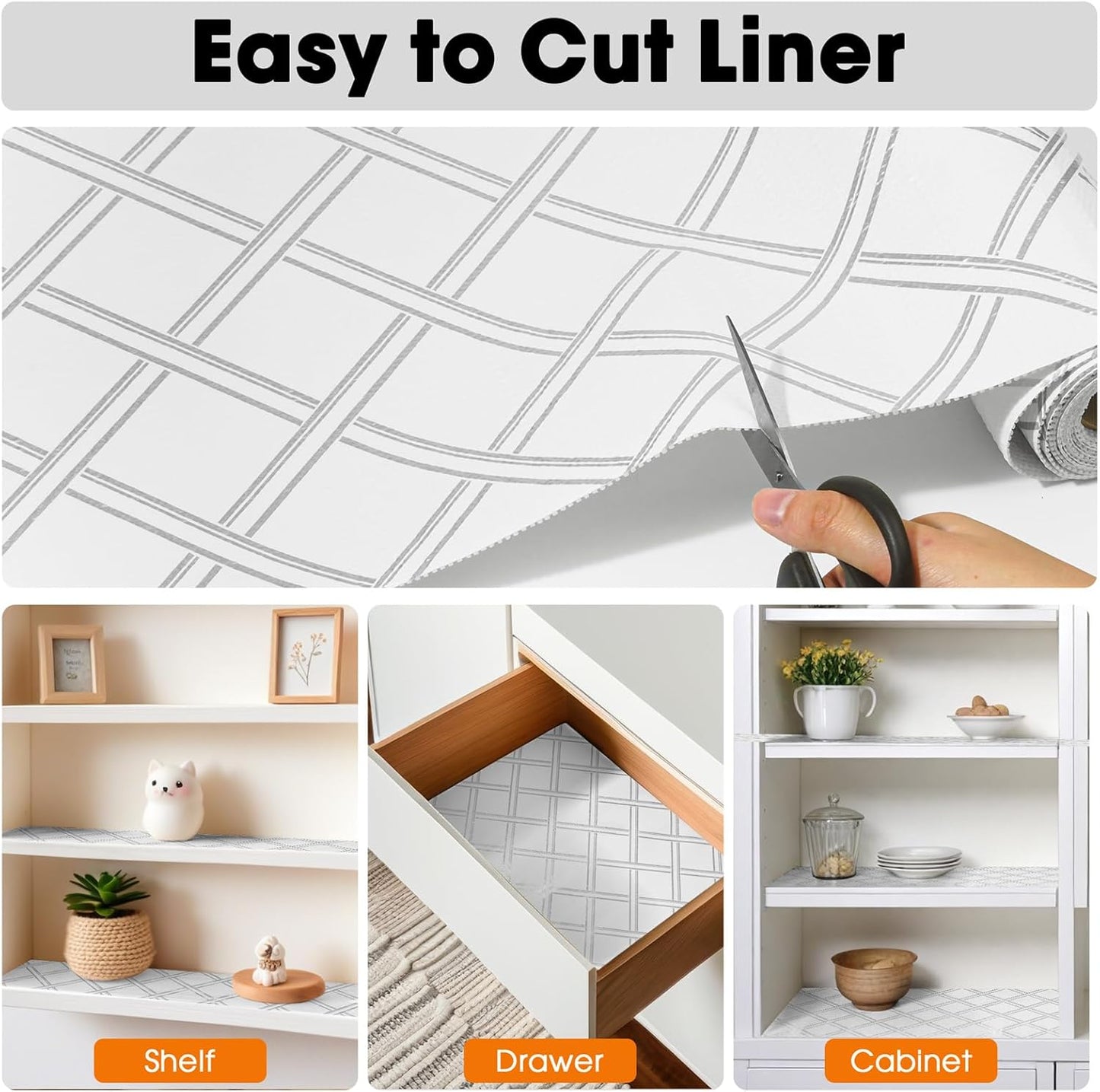 Drawer and Shelf Liner for Kitchen Cabinets Non-Adhesive Cabinet Liners for Shelves Strong Grip Non Slip Waterproof Cupboard Liner for Dresser Refrigerator, Bathroom,Silver Geometric,17.5IN X 10FT