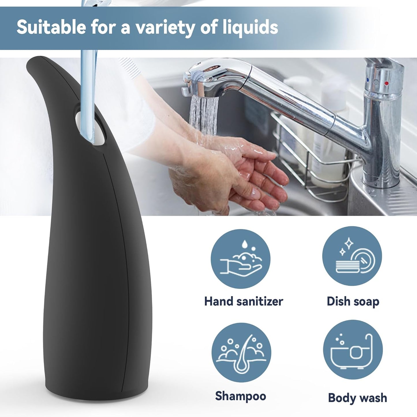 Automatic Soap Dispenser with Infrared Sensor - Adjustable 4-Level Touchless Hand Soap for Kitchen, Bathroom - Battery Operated Electric Dispenser, Durable Plastic, Smart Soap Holder (Black)