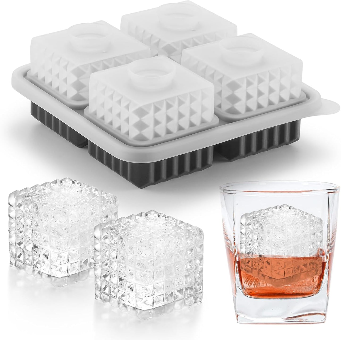 Nax Caki 3D Square Ice Cube Tray, Large Square Silicone Fun Shapes Whiskey Ice Mold with Funnel for Cocktails, Bourbon,Brandy, Whiskey Gifts for Men Black