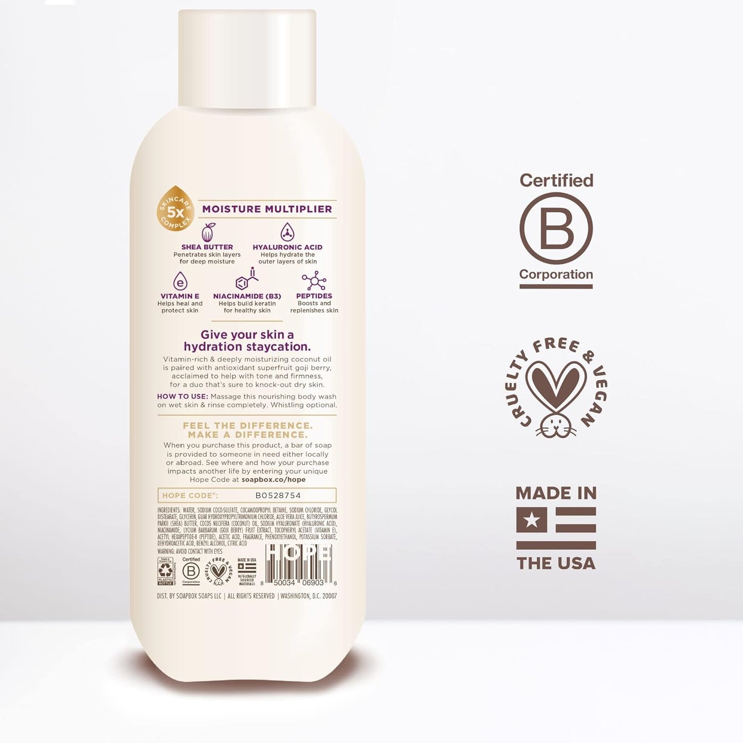 Soapbox Body Wash, Coconut + Goji Berry Body Wash for Women, Men, Vegan + Antioxidant Rich Moisturizing Soap with Shea Butter, Peptides & Keratin Promoting B3, 3 Pack, 20oz Each