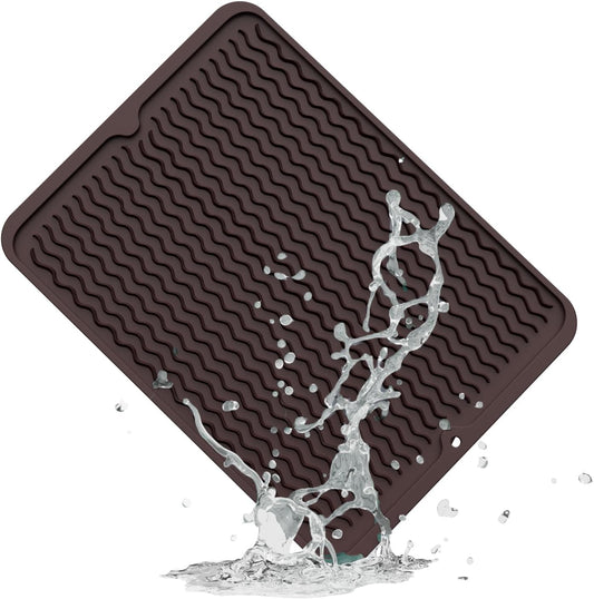 ZLR Silicone Dish Drying Mat for Kitchen Counter, Eco-Friendly Fast Dry Dish Mat, Easy Clean Multi Usage Drying Matt, Heat Resistant Trivet, 12" x 16" Large, Coffee