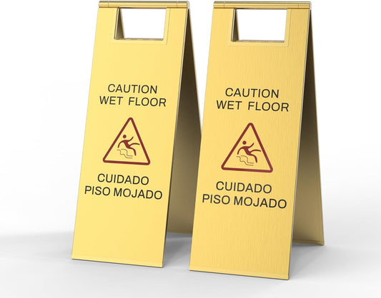 2 Pcs Wet Floor Sign, 24 Inch Gold Stainless Steel Caution Wet Floor Sign Double Sided Foldable Bilingual Commercial Safety Warning for Hotel Market Restroom Restaurant Office