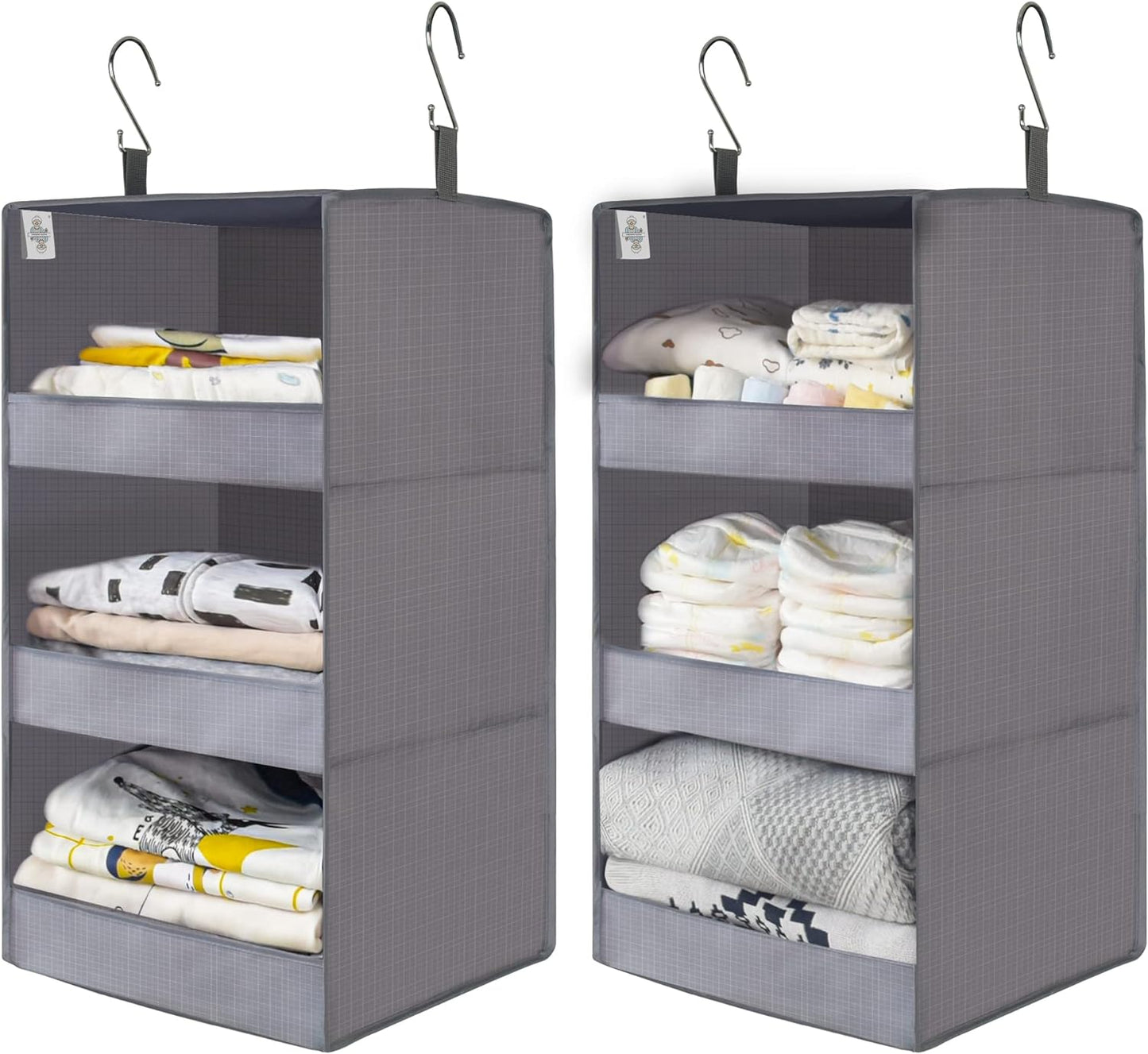 GRANNY SAYS 3-Shelf Closet Organizers and Storage, Foldable Hanging Closet Organizer, Hanging Closet Shelves with 2 Metal Hooks, Leak-Proof Closet Hanging Organizer for Locker & Camper, Gray, 2-Pack