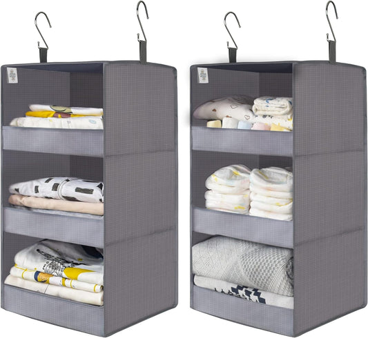 GRANNY SAYS 3-Shelf Closet Organizers and Storage, Foldable Hanging Closet Organizer, Hanging Closet Shelves with 2 Metal Hooks, Leak-Proof Closet Hanging Organizer for Locker & Camper, Gray, 2-Pack