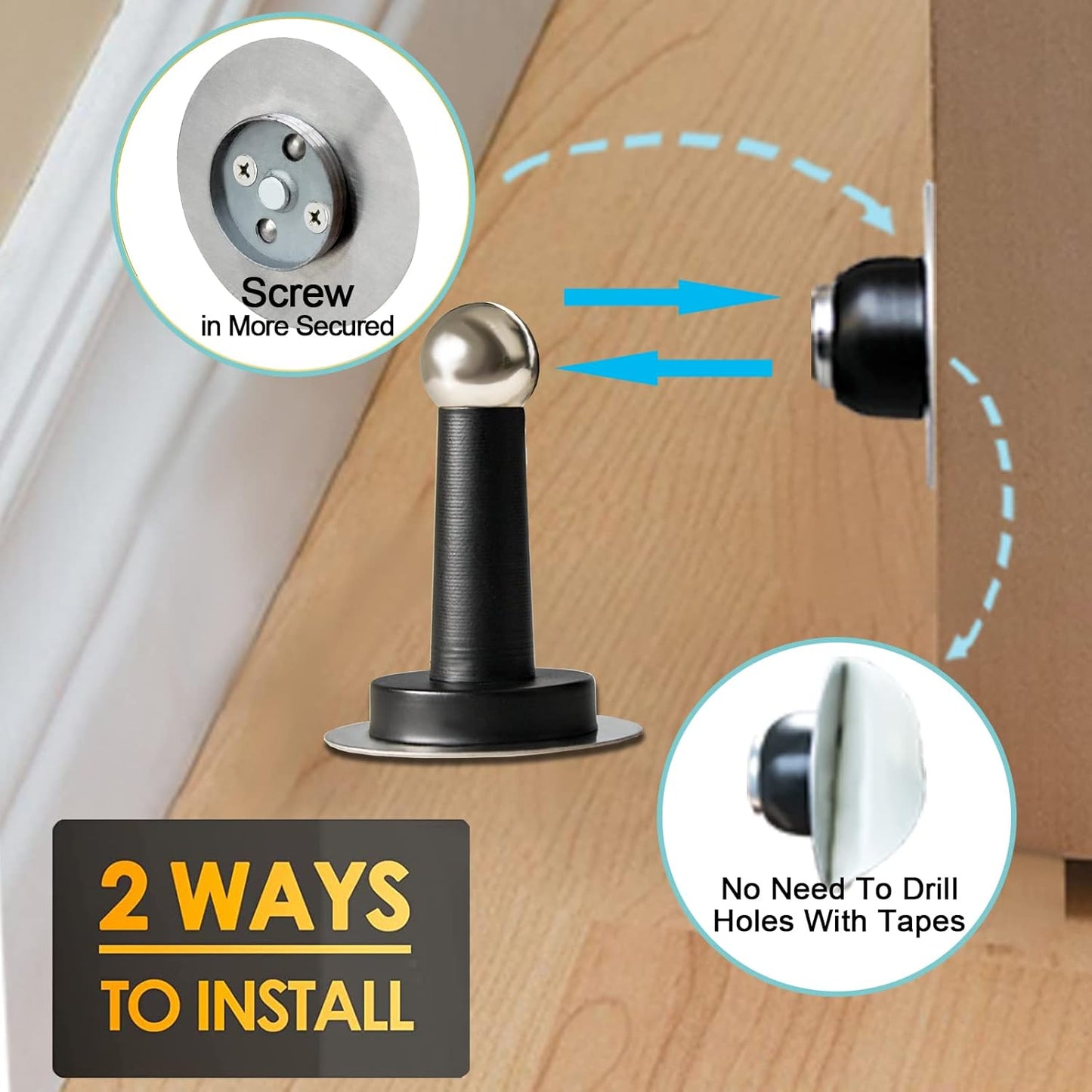 Shackcom Magnetic Door Stop 12 Pack Stainless Steel Door Holders to Keep Door Open Self-Adhesive Tape, Screws for Stronger Wall & Floor Mount for Bedroom Bathroom Kitchen Home Office(Black)