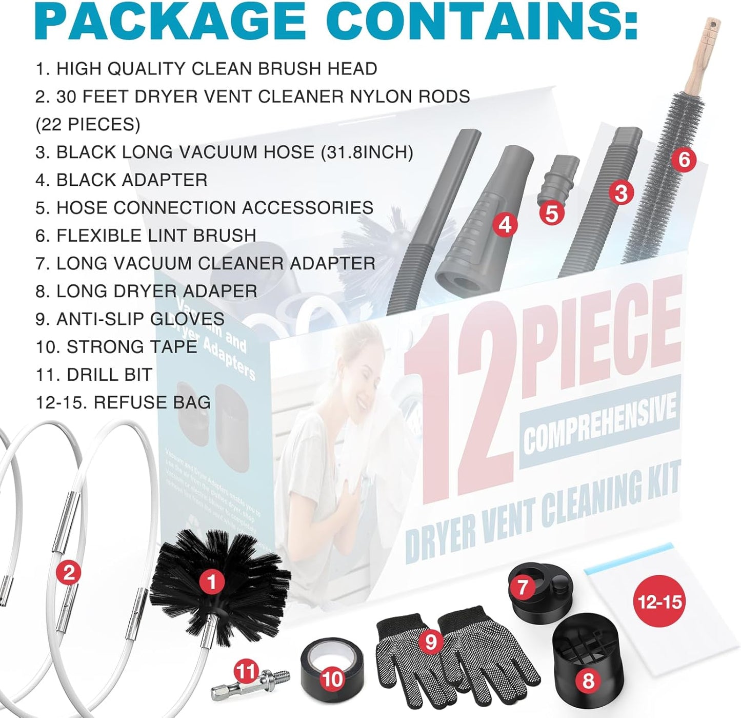 Sealegend 15-Piece Dryer Vent Cleaner Kit Omnidirectional Dryer Cleaning Kit Include 30 Feet Dryer Vent Brush, Black Dryer Lint Vacuum Attachment&Dryer Lint Trap Brush, Vacuum & Dryer Adapters