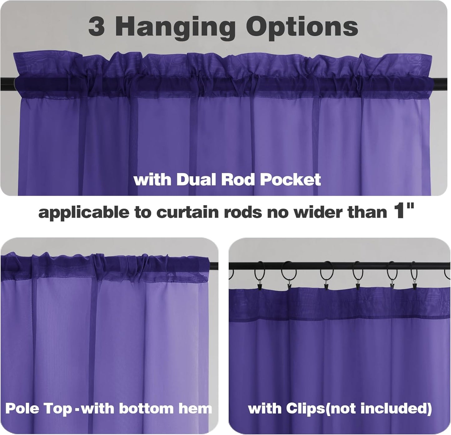 Chyhomenyc Sheer Curtains 36 inch Length 2 Panels, Light Filtering Voile Rod Pocket Short Window Sheer Curtians for Bathroom Living Room, 2PCS, Purple