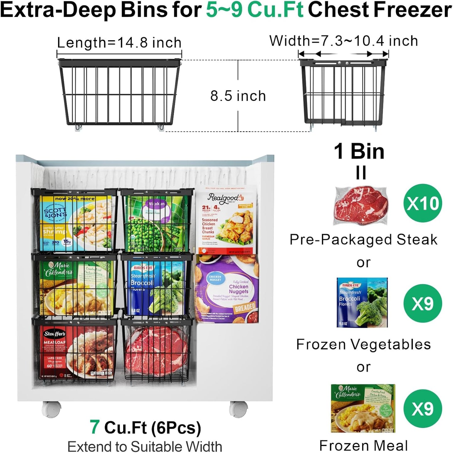 iSPECLE Freezer Organizer Bins - 3 Pack Adjustable Wider & Deeper Chest Freezer Organizer Bins for 5 to 9 Cu Ft, Extra Large & Easy Organize Basket Store More, Stackable No Wasted Space, Black