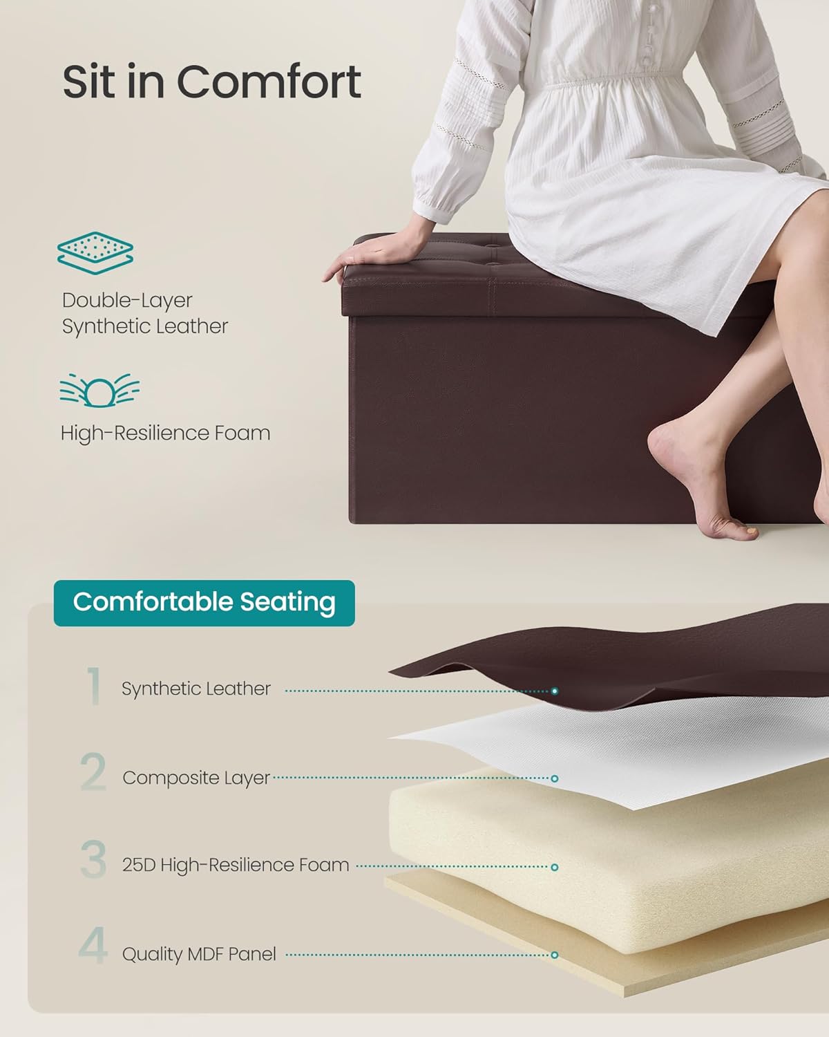 SONGMICS MAZIE Collection - 43 Inches Folding Storage Ottoman Bench, Ottoman with Storage, Foot Rest Stool, Load 660 lb, for Living Room, Synthetic Leather, Brown ULSF703