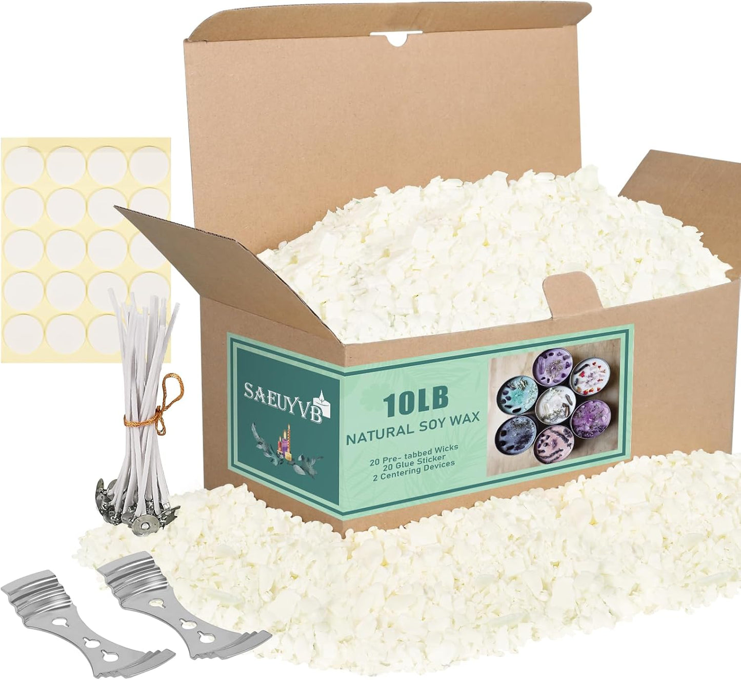 SAEUYVB Natural Soy Candle Wax for Candle Making, 10lb Bag, Premium Soy Wax Flakes, 20 Cotton Candle Wicks, 20 Wick Stickers and 2 Centering Devices ﻿