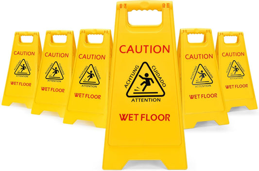 MATTHEW CLEANING 25'' Industrial Wet Floor Sign 6 Pack 2-Sided Safety A-Frame Birght Yellow Multilingual Warning Signs Commercial Caution Wet Fold-out Floor Signs For Indoors and Outdoors
