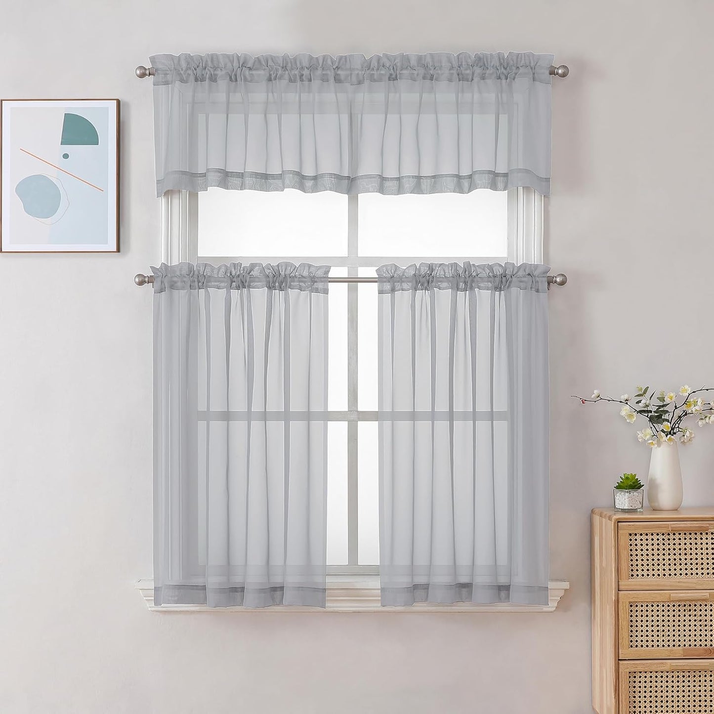 Chyhomenyc Sheer Light Grey Valances for Windows 2 Pack, Small Window Curtains for Living Room Bathroom Cafe Laundry Basement, Modern Top Dual Rod Pocket Voile Curtain, 42W x 14L inches