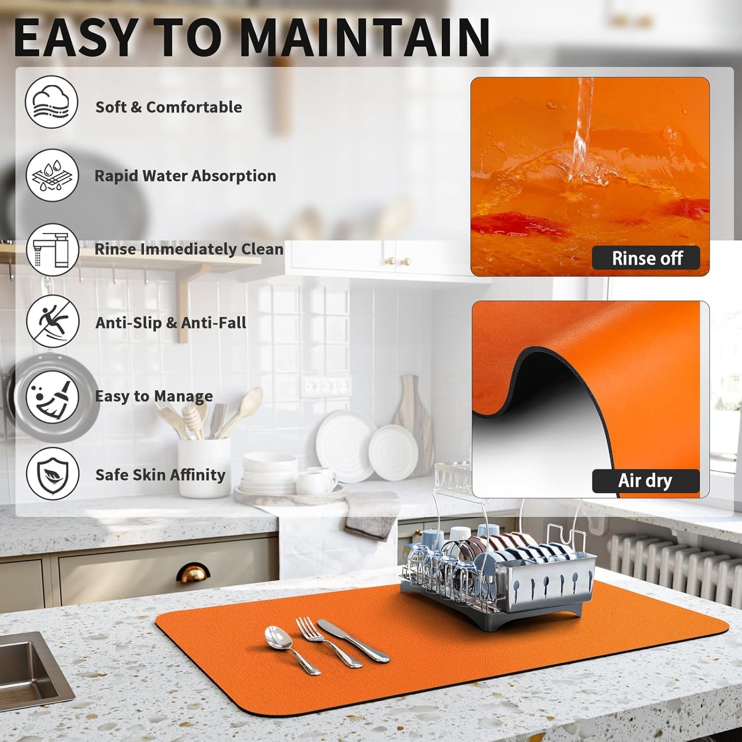 Dish Drying Mat for Kitchen Counter, Heat Resistant Drainer Mats with Non-slip Rubber Backed, Hide Stain Kitchen Super Absorbent Draining Mat, Easy to Clean Dish Rack Pad, Orange 18"x28"
