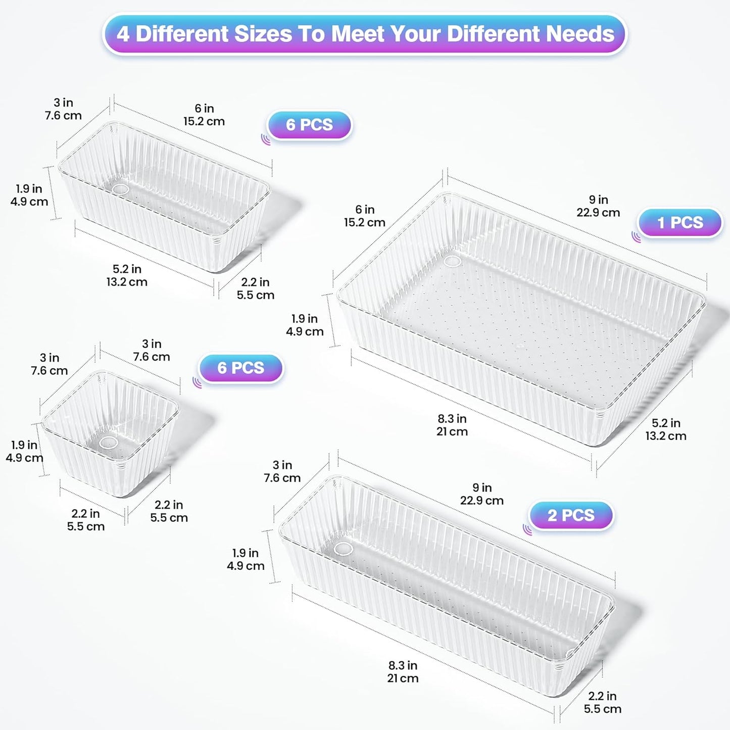 15 PCS Clear Plastic Drawer Organizer Set - 4 Sizes Makeup Organizer Desk Drawer Divider Bathroom Organizers and Storage Bins for Makeup, Jewelry, Gadgets, Office, Kitchen, Bedroom, Bathroom