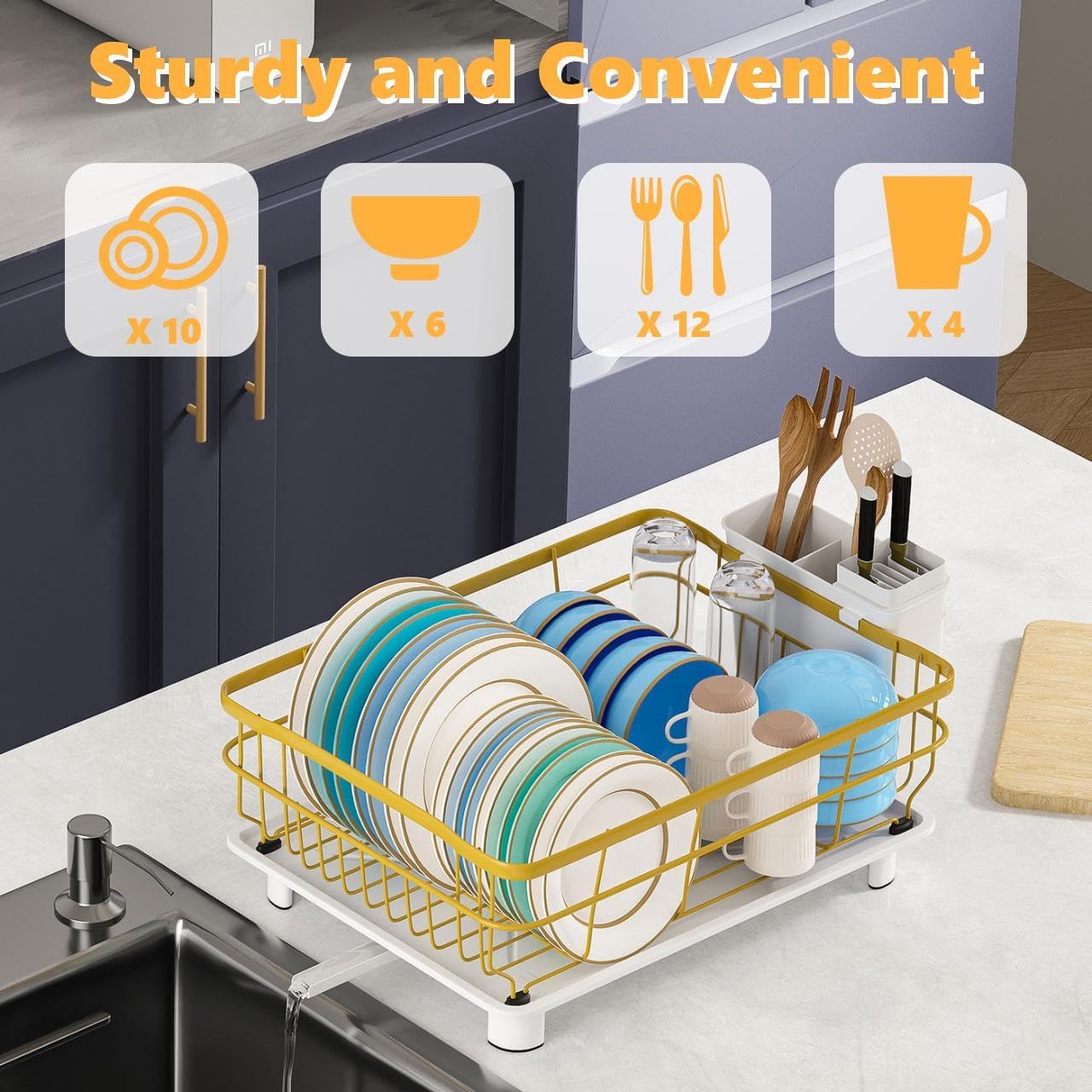 Iron Dish Drying Rack with Drainboard Dish Drainers for Kitchen Counter Extendable Spout Strainers with Utensil Holder and Knife Slots, Gold