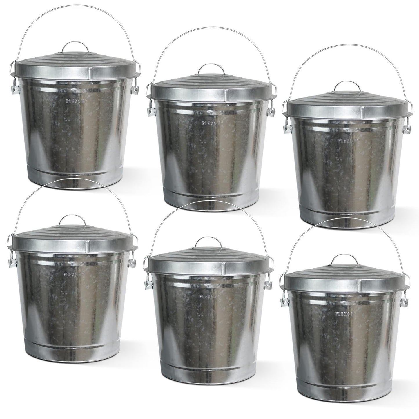 Plexon 10 Gallon Trash Can with Lid Galvanized Metal Bucket with Locking Lid for Poultry Feed Bird Seed Storage Ash Small Garbage Can, 6 Pack