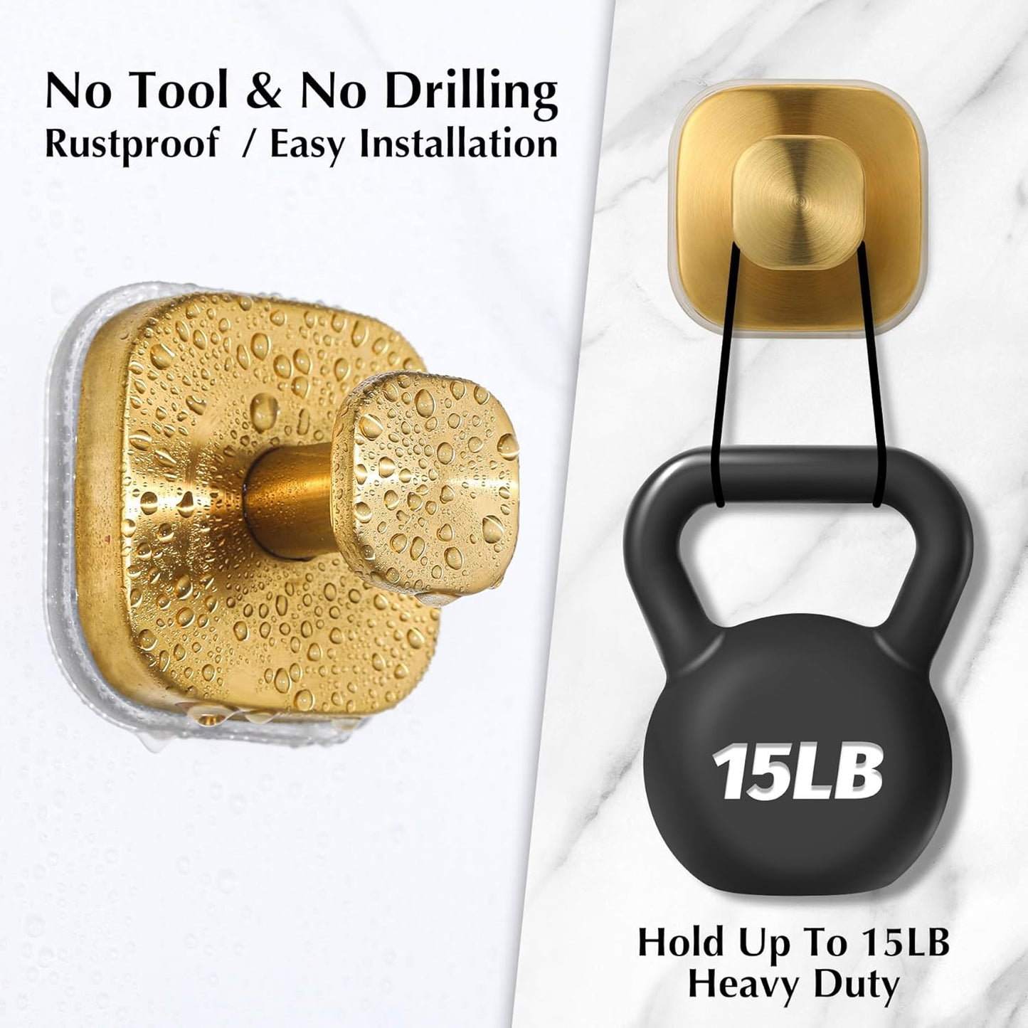 Suction Cup Hooks for Shower - Reusable No-Drill Mounting - Hooks for Towels, Robes & Loofah on Metal, Glass, Mirrors, Tile & Smooth Non-Porous Surfaces (2, Brushed Gold)