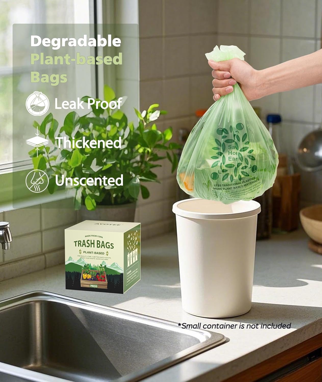 AYOTEE Small Compost Bags 2.6 Gallon Trash Bag, 150 Count Compostable Trash Bags 2.6 Gallon Compost Bag for Countertop Bin 1.3,2,3 Gallon, Small Waste Basket Liners for Bathroom Kitchen Office