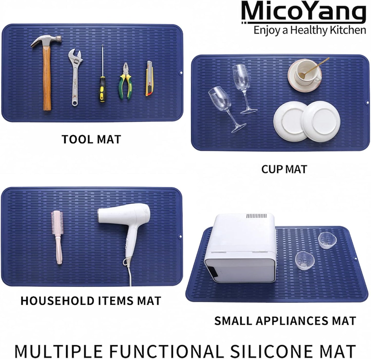 Silicone Dish Drying Mat for Multiple Usage,Easy clean,Eco-friendly,Heat-resistant Silicone Mat for Kitchen Counter or Sink,Refrigerator or Drawer Liner Navy Blue 4XL 32 inches x 18 inches