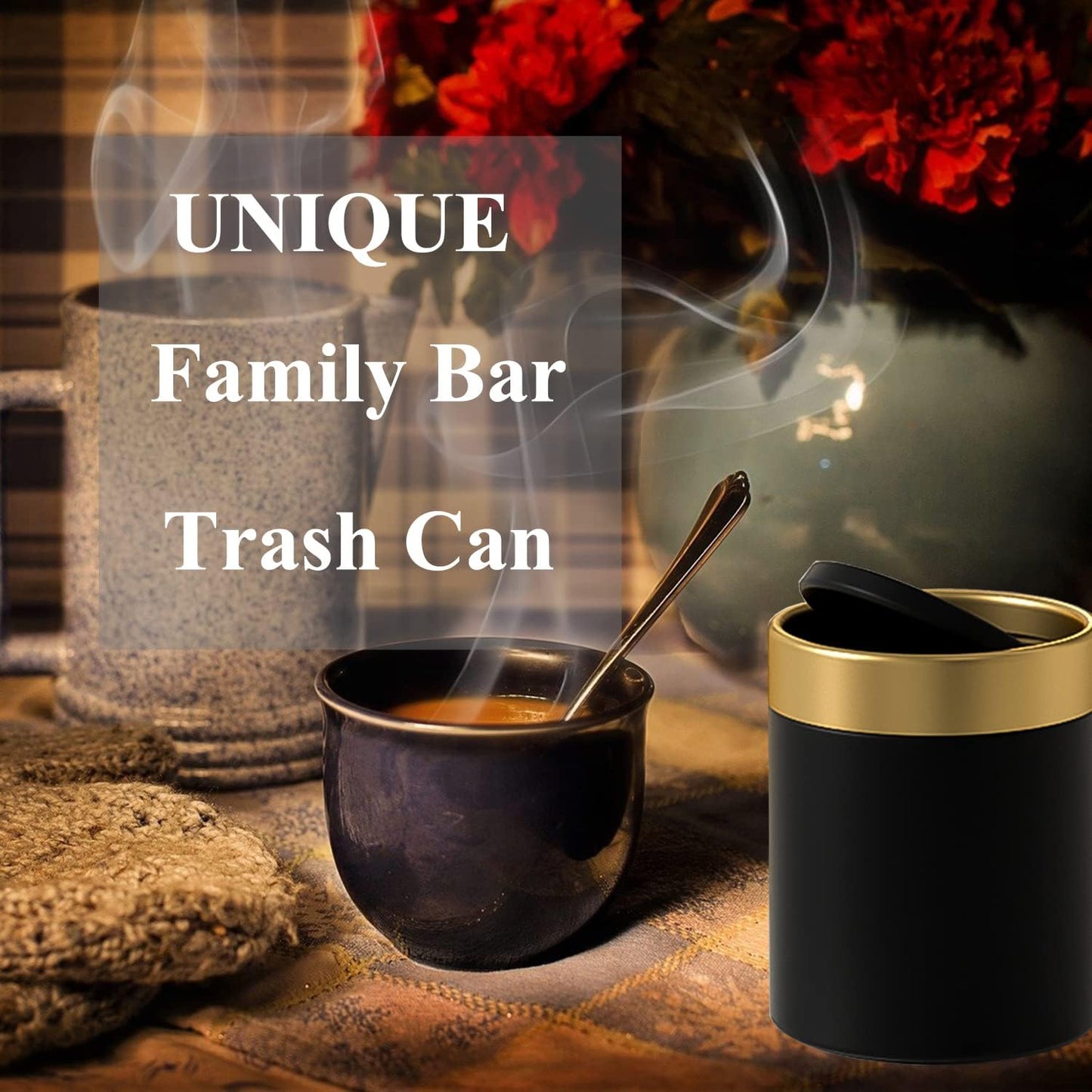 Mini Trash Can with Lid, Metal Small Tiny Mini Trash Bin Can, Mini Countertop Trash Cans for Desk Car Office Kitchen, Swing Top Trash Bin 1.5 L/0.40 Gal (Black)