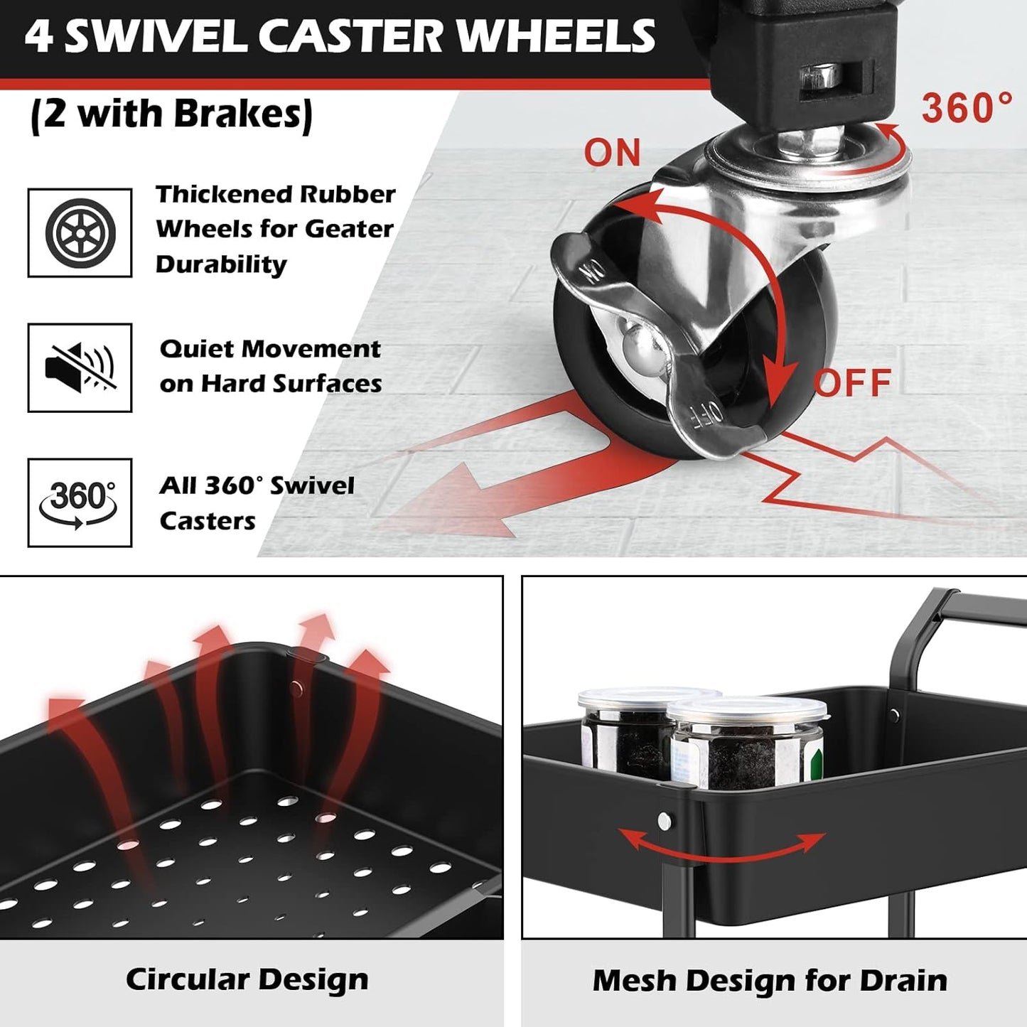 3-Tier Utility Rolling Cart,Mobile Utility Cart with Lockable Caster Wheels,Storage Shelves Organizer Cart, 3 Hanging Baskets, Easy Assembly,for Bathroom, Kitchen, Office, Workshop