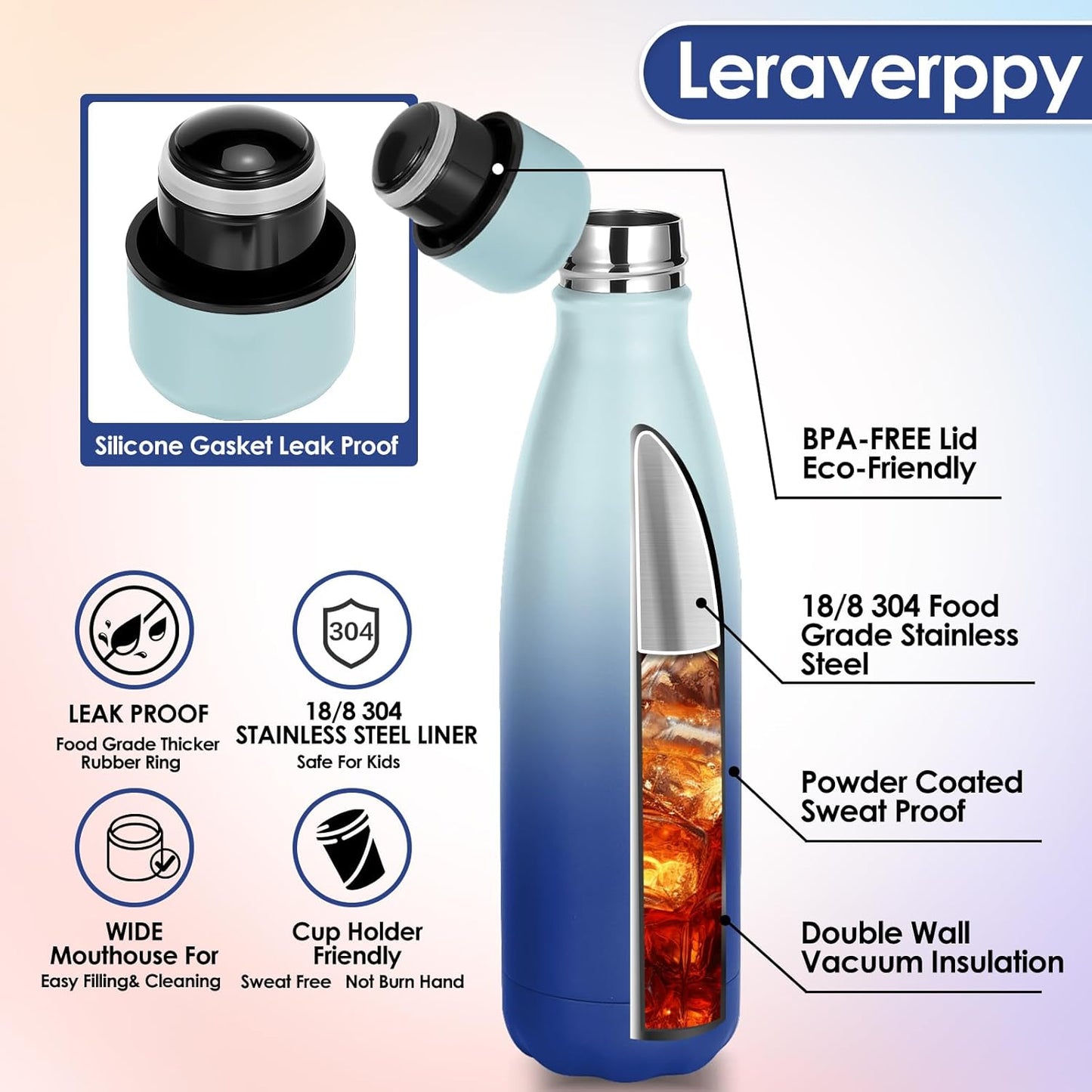 25oz Cola-Bottle Shaped Stainless Steel Leak-proof Water Bottle,Double Wall Vacuum Insulated Metal,Travel Mug For Sports Indoors & Outdoors,BPA-Free Kids Flasks,Green Blue(2 Pack)