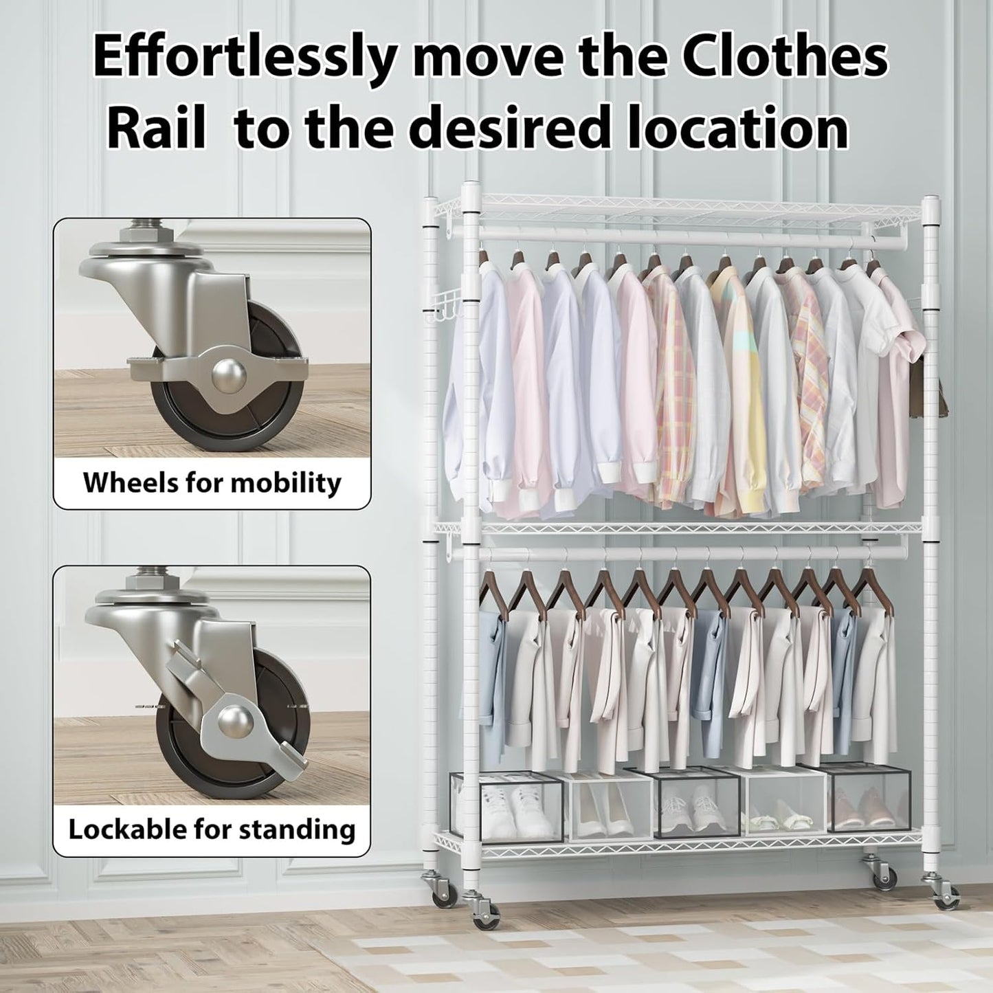 Homdox 3 Tier Heavy Duty Garment Rack with Wheels, Adjustable Wire Clothes Rack with Double Hanging Rods, Portable Closets for Hanging Clothes with Side Hooks, White