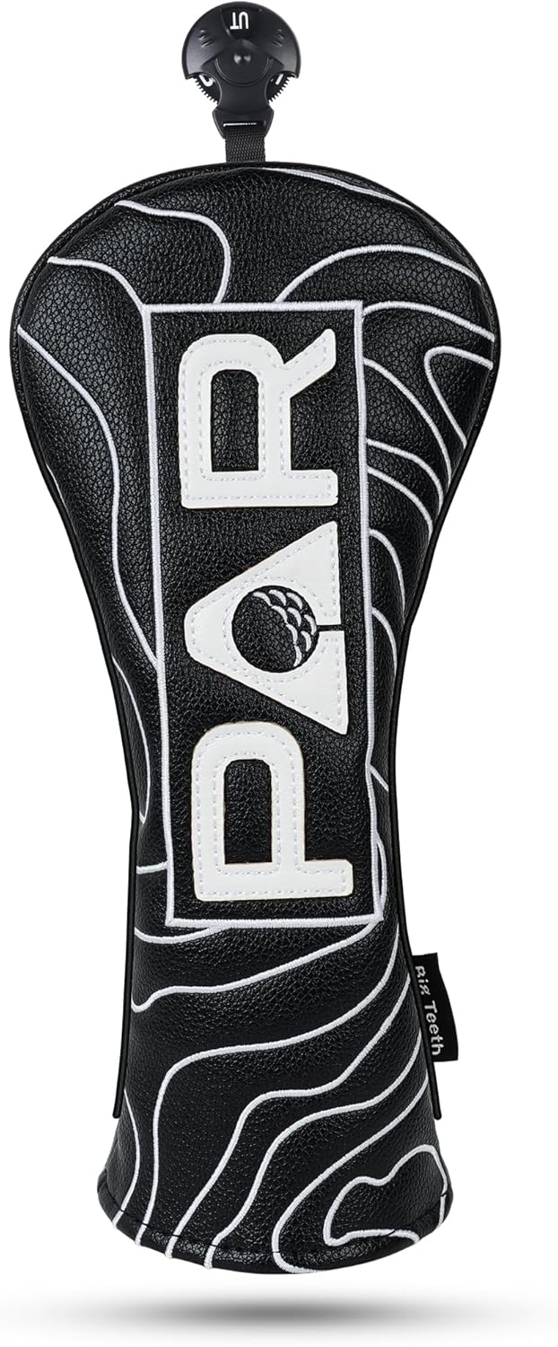 Big Teeth Golf Club Covers Full Set Driver Headcover Fairway Wood Hybrid Golf Club Iron Head Covers, Topographic Edition Putter Cover Leather Golf Head Covers Pure Black, Gifts for Men
