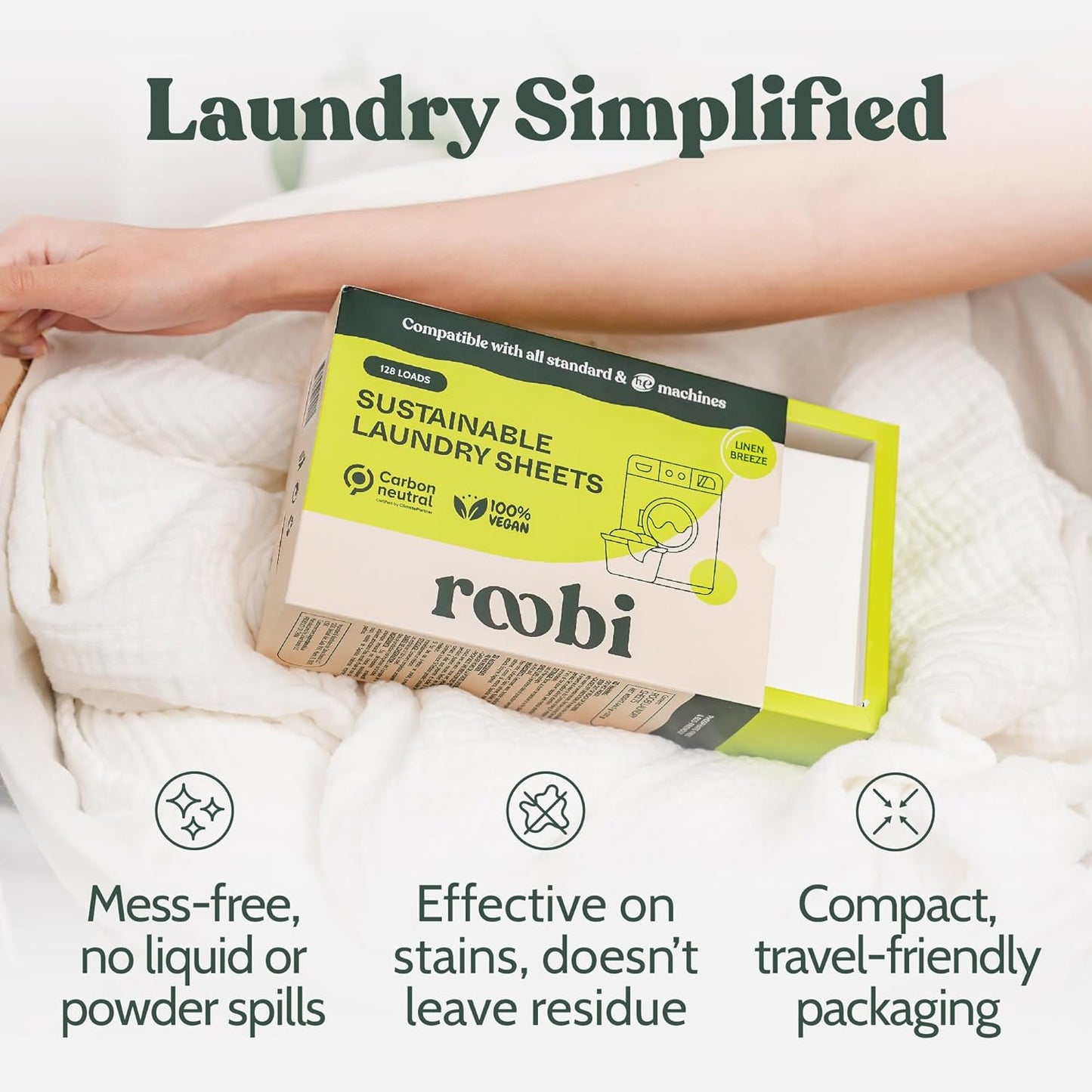 Roobi Laundry Detergent Sheets. Up to 128 Loads, Liquidless Detergent. Carbon Neutral, 100% Vegan & Sustainable Linen Breeze Scent.