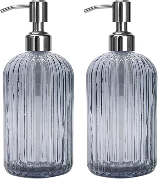 Grey Glass Soap Dispenser 18 oz, 2 Pack Hand Dish Soap Dispensers Bathroom with Stainless Steel Pump, Refillable Kitchen Liquid Decorative Bottles for Hand Sanitizer, Lotion