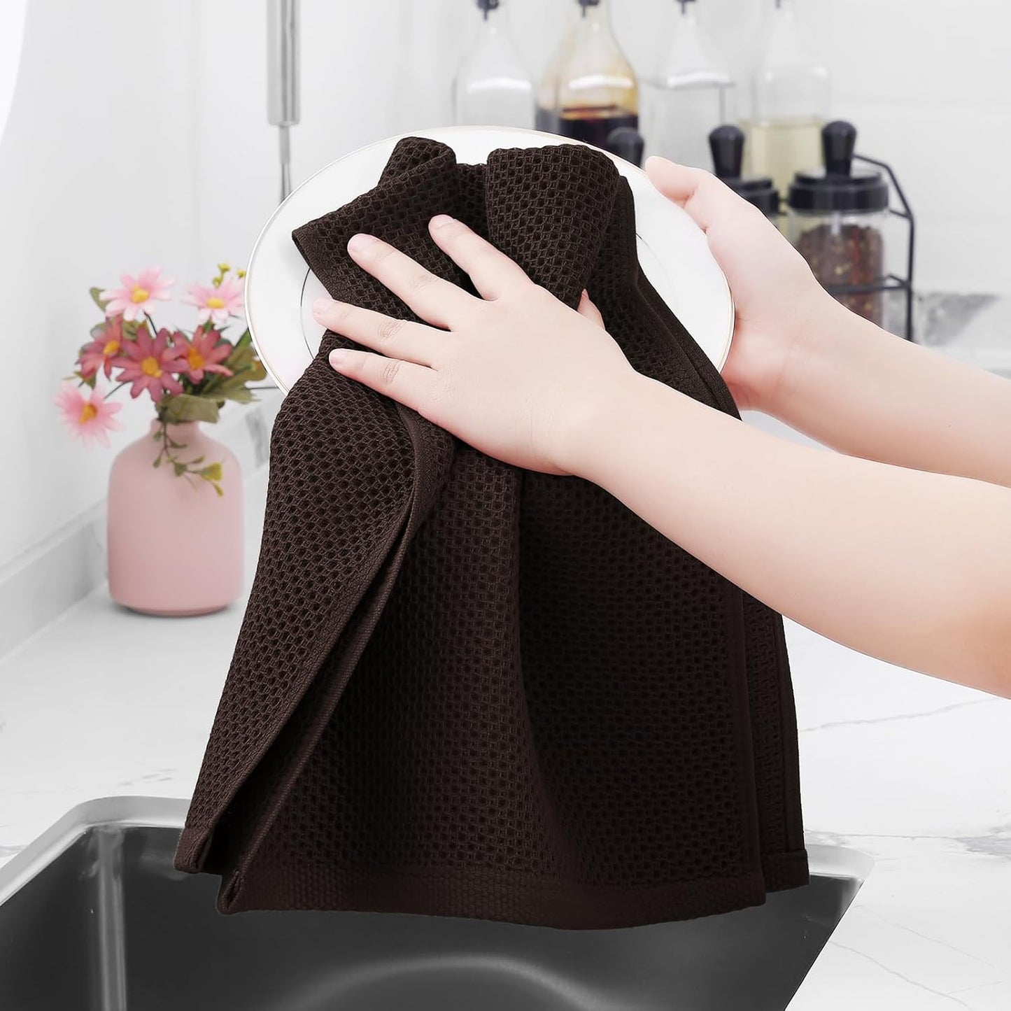 Homaxy 100% Cotton Waffle Weave Kitchen Dish Towels, Ultra Soft Absorbent Quick Drying Cleaning Towel, 13 x 28 Inches, 4-Pack, Dark Brown