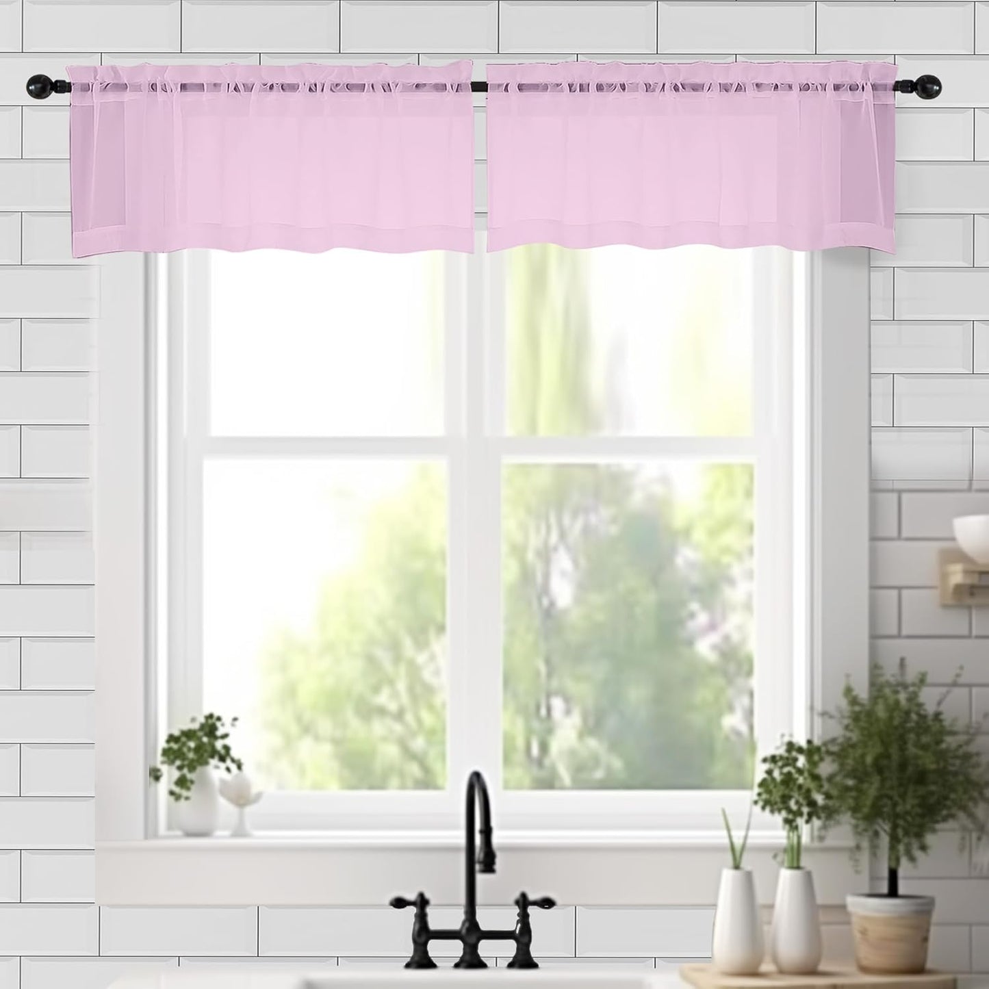 Chyhomenyc Sheer Valances for Windows 2 Pack, Small Window Curtains for Living Room Bathroom Cafe Laundry Basement, Modern Top Dual Rod Pocket Voile Curtain, 42W x 18L inches, Pink