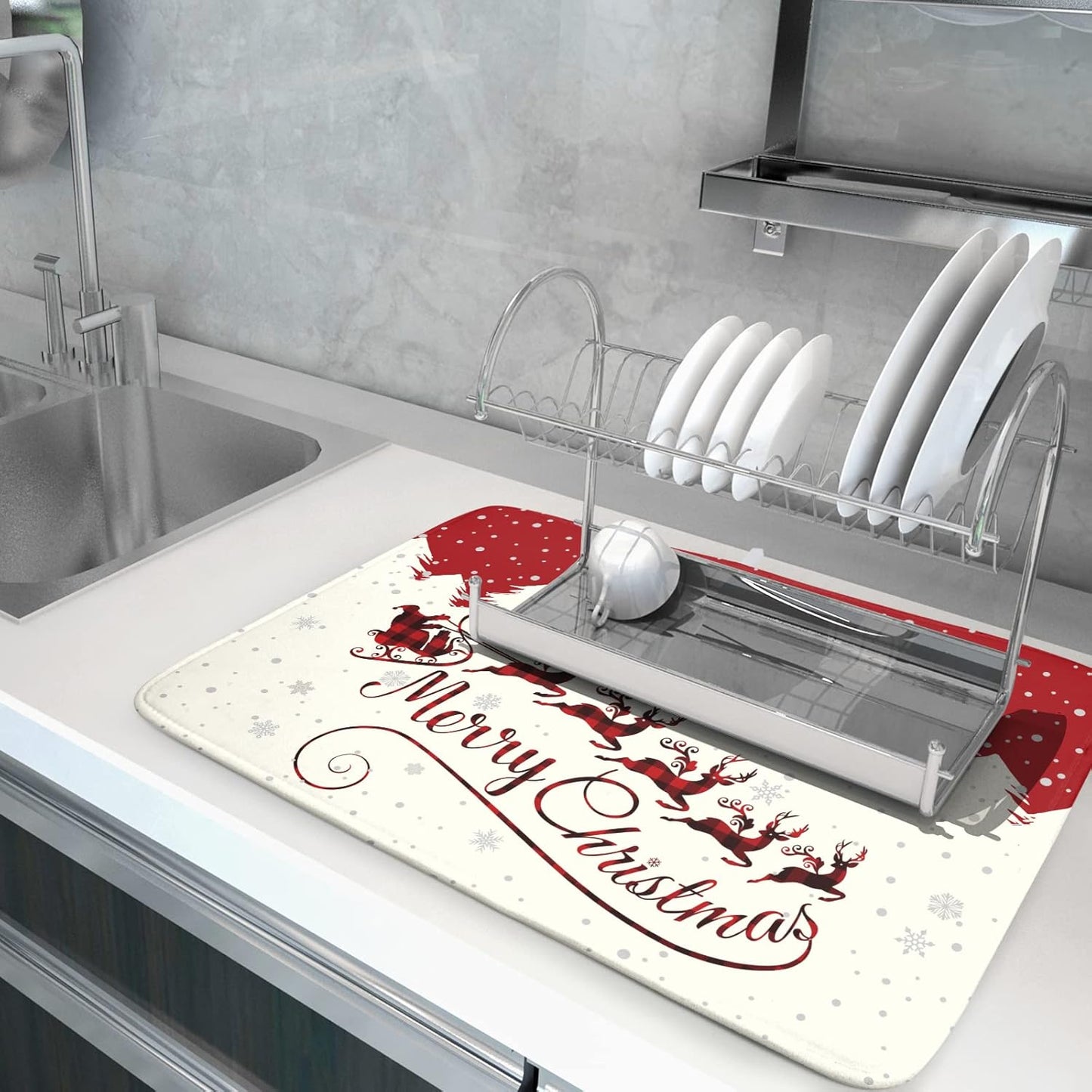 Christmas Moose Dish Drying Mat 18x24 for Winter Santa Claus Kitchen Counter Decor Absorbent Reversible Microfiber Deers Animal Dishes Pad Dish Drainer Rack Mats Kitchen Accessories