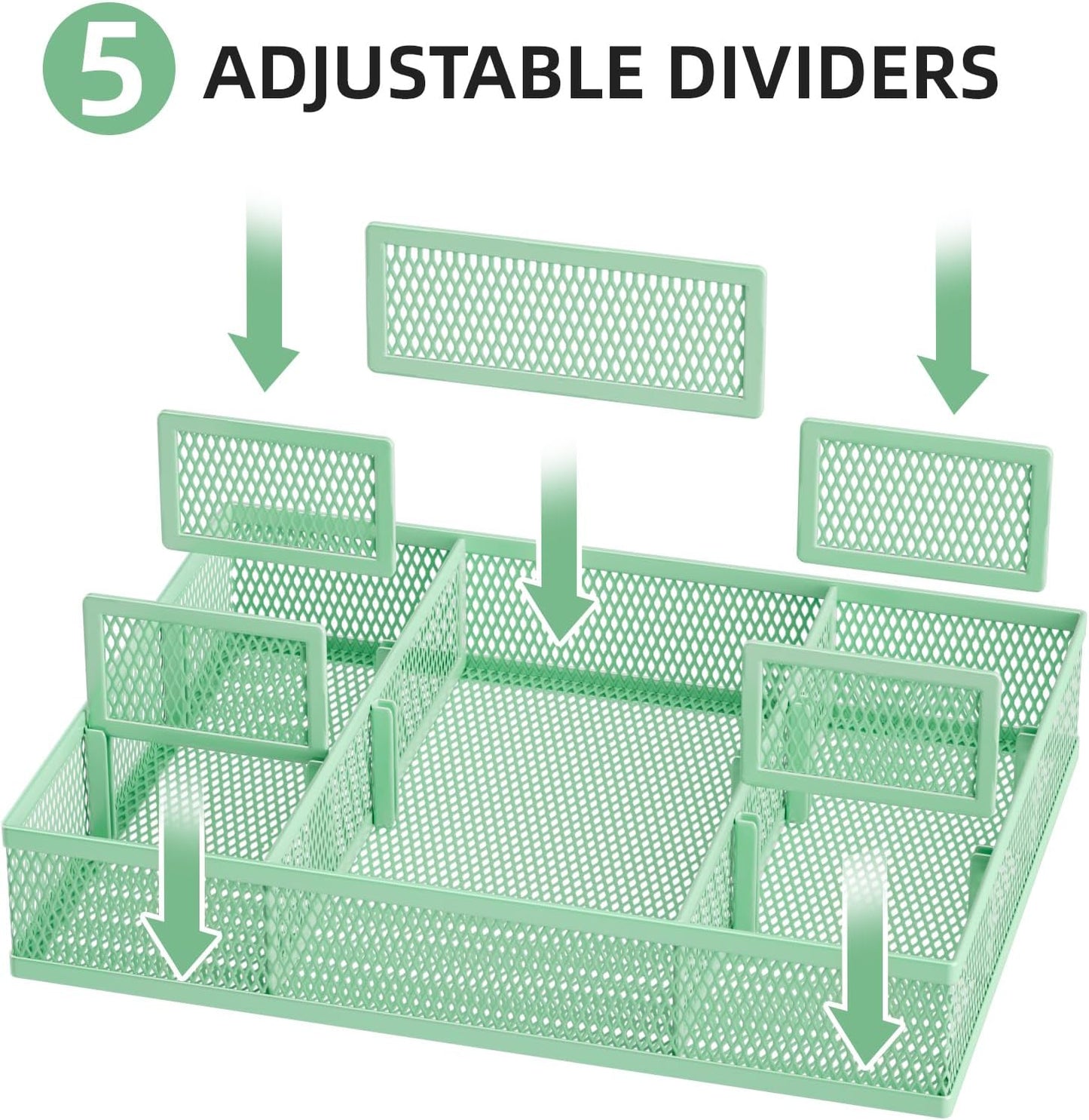 Marbrasse 2 Pack Desk Drawer Organizer, Mesh Drawer Organizer Tray with 8 Adjustable Compartments, Desk Organizers and Accessories, 5 Dividers Drawer for Office Supplies, Makeup & Vanity (Green)