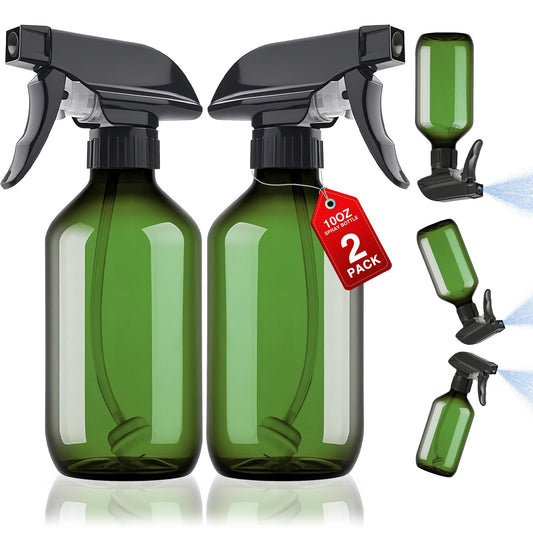 2 Packs Plastic Spray Bottles 360° Water Spray Bottle for Cleaning - 10 oz/300 ml Upside Down Spray Bottle Refillable Small Squirt Bottle with Adjustable Nozzle for Hair, Cooking, Plant, Pet (Green)