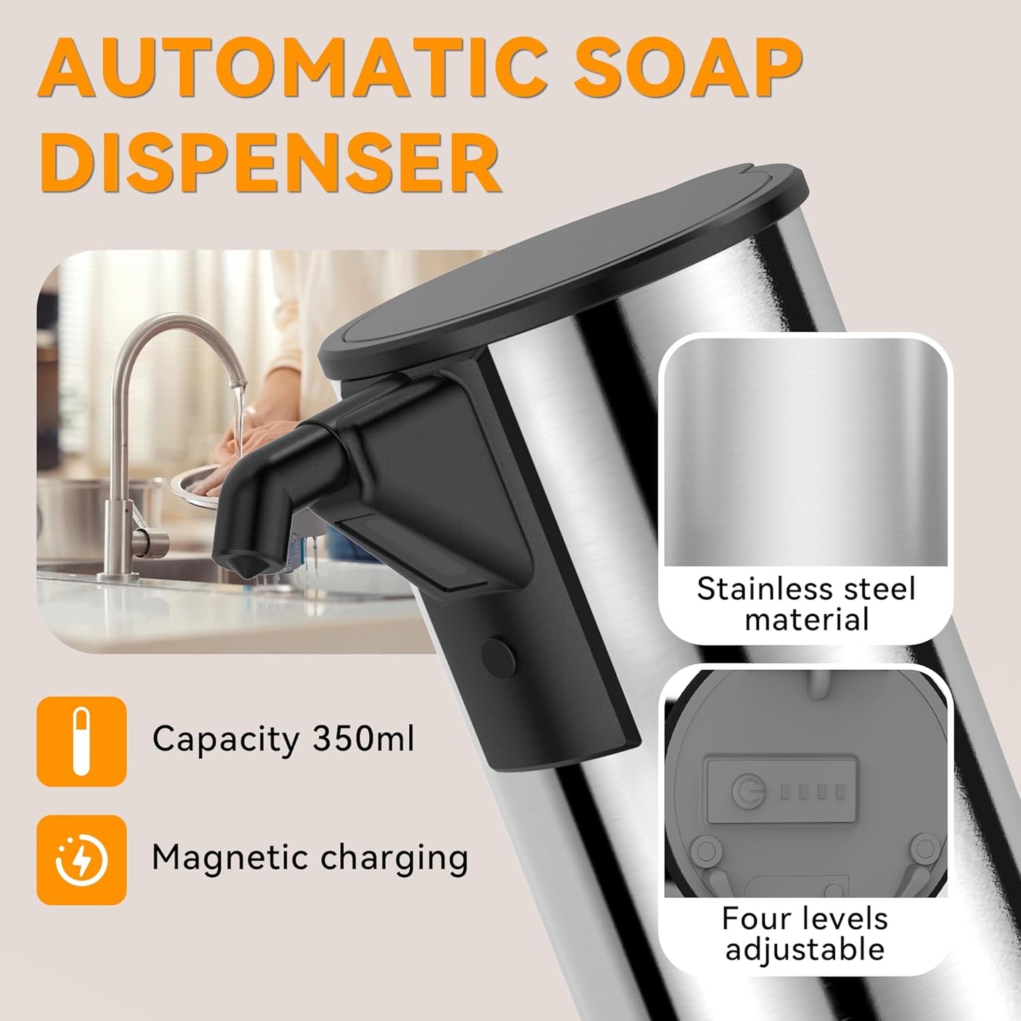 Automatic Soap Dispenser,Stainless Steel Material, Rechargeable Touchless Hand Sanitizer Pump,4 Adjustable Levels Smart Electric Dispenser