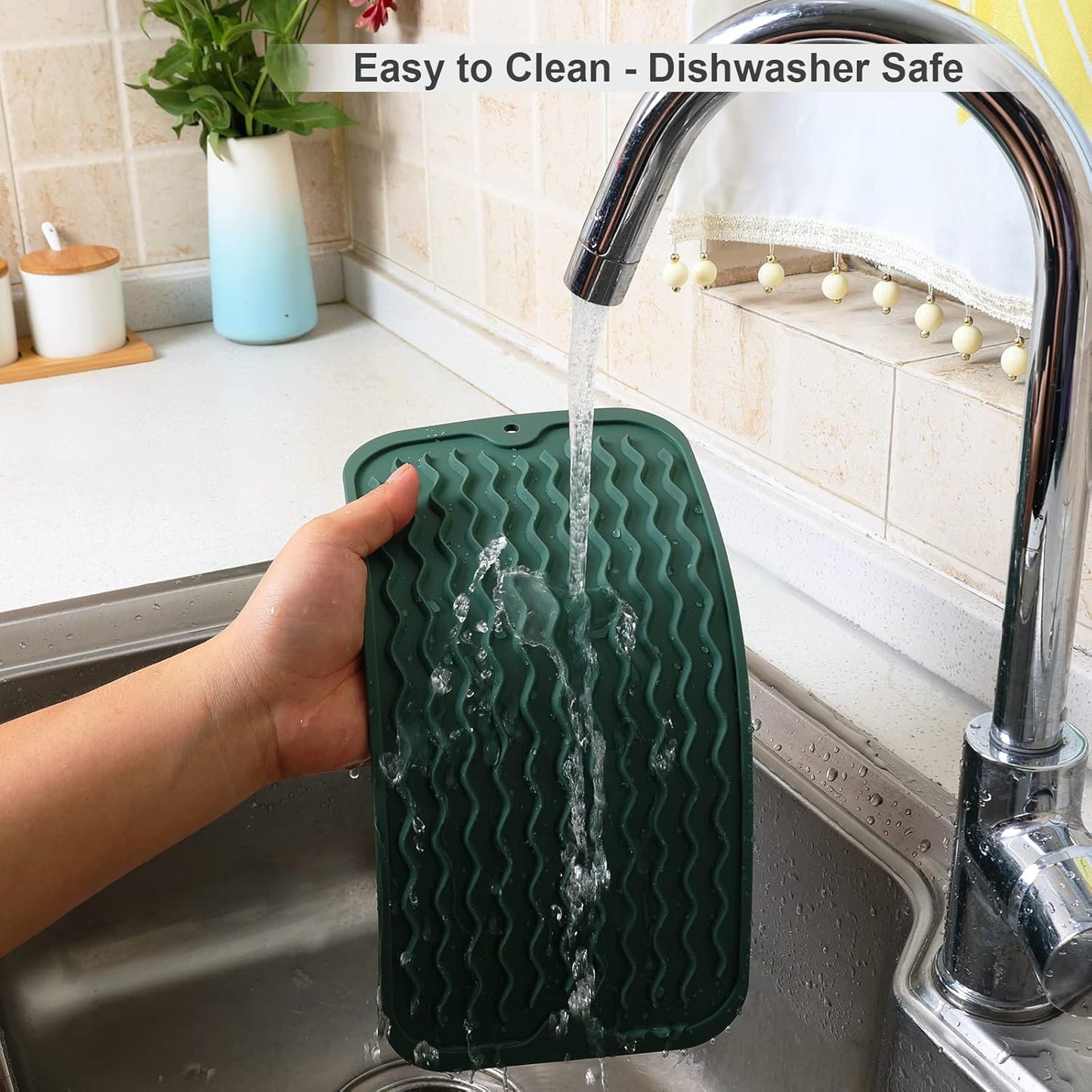 ZLR Silicone Dish Drying Mat for Kitchen Counter, Eco-Friendly Fast Dry Dish Mat, Easy Clean Multi Usage Drying Matt, Heat Resistant Trivet, 6" x 12" Extra Small, Dark Green