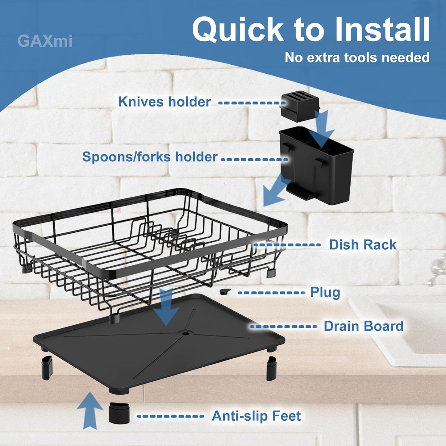 GAXmi Dish Drying Rack Over The Sink Drainer with Drainboard Utensil Holder, 1-Tier Black