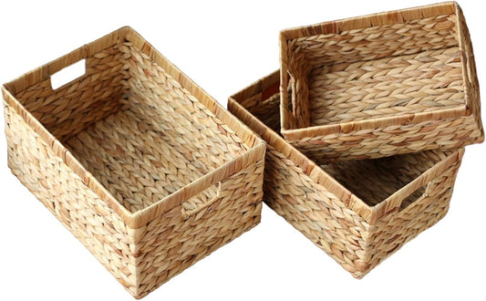 Water Hyacinth Wicker Baskets for Organizing, Rectangular Wicker Baskets with Built-in Handles,3-Pack