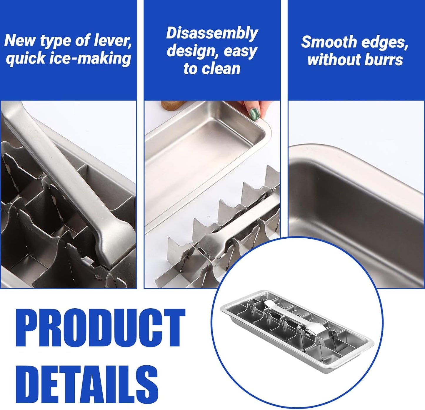 3 Pack 18-Slot Ice Cube Trays Stainless Steel - Professional Heavy Duty Metal Icecube Mold, Non-Toxic Freezer Tray with Lever Release, Bar & Kitchen Use, Send Goods from Local Warehouse