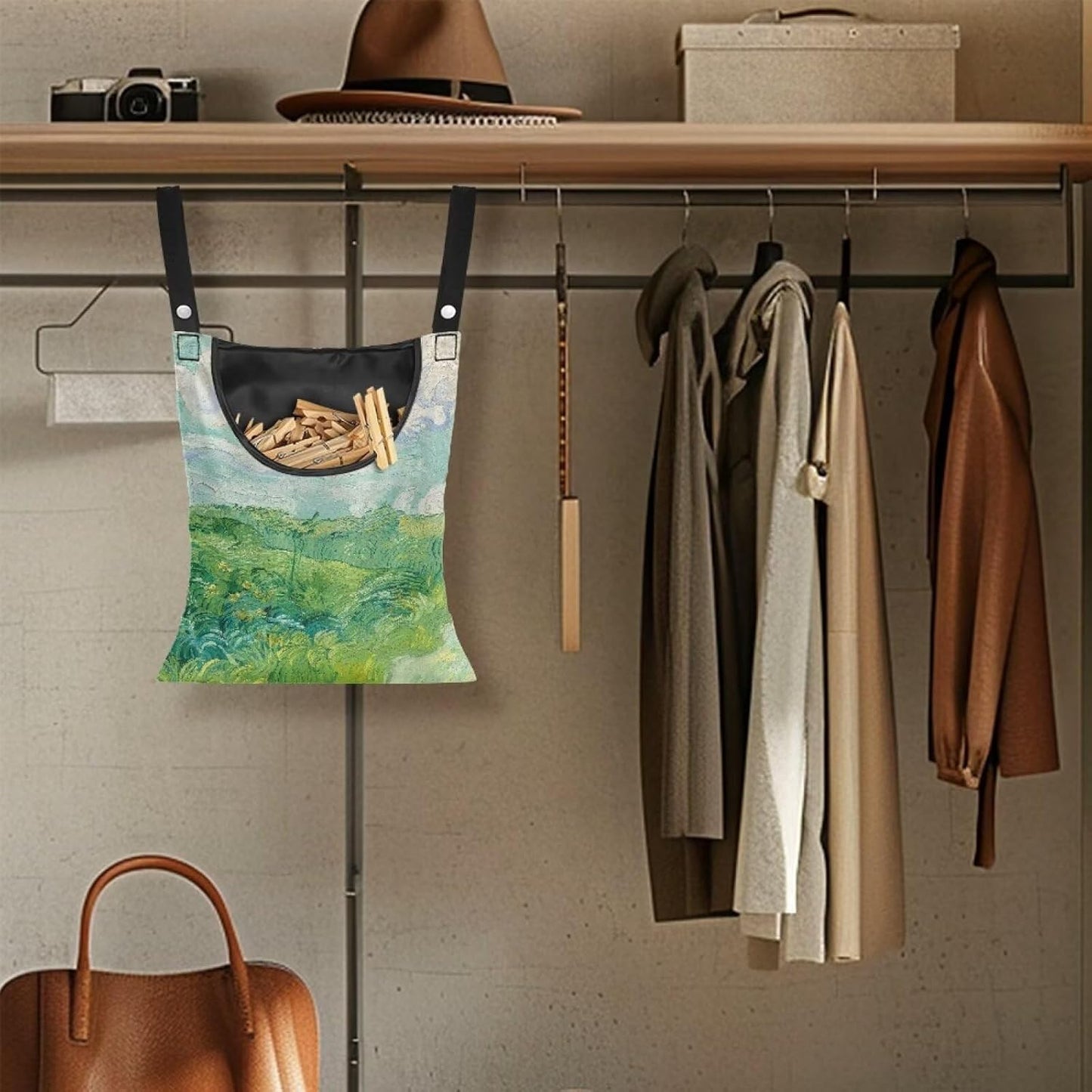 Green Wheat Field Print Windproof Clothespin Holder Bag for Outdoor Use - Durable Storage Organizer with Secure Closure - Hanging Clothes Pin Bag for Laundry & Drying Lines