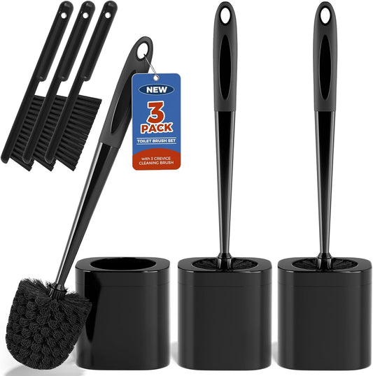 Toilet Brush, 3 Pack Toilet Brush and Holder Set Bathroom Accessories, Toilet Bowl Brush and Holder with 3 Crevice Brush for Bathroom, Toilet Scrubber Brush (Black)