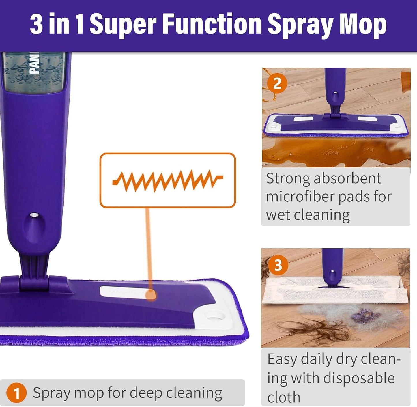 Mops for Floor Cleaning, Wet and Dry Spray Mop with Refillable Spray Bottle and 3 Washable Microfiber Pads Home or Commercial Use Flat Mop for Hardwood Laminate Wood Ceramic, Purple