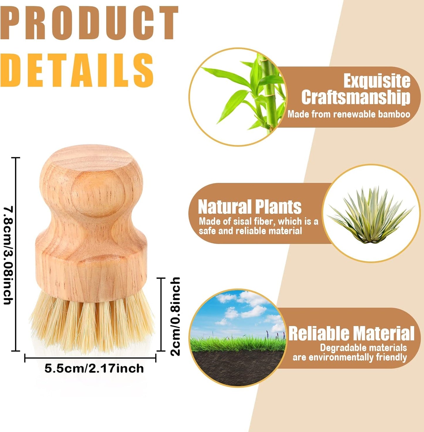 Nuenen 20 Packs Bamboo Dish Scrub Brushes Wooden Scrubbers Set Kitchen Dishwashing Scrubber with Natural Sisal Bristles for Iron Pot Pan Sink