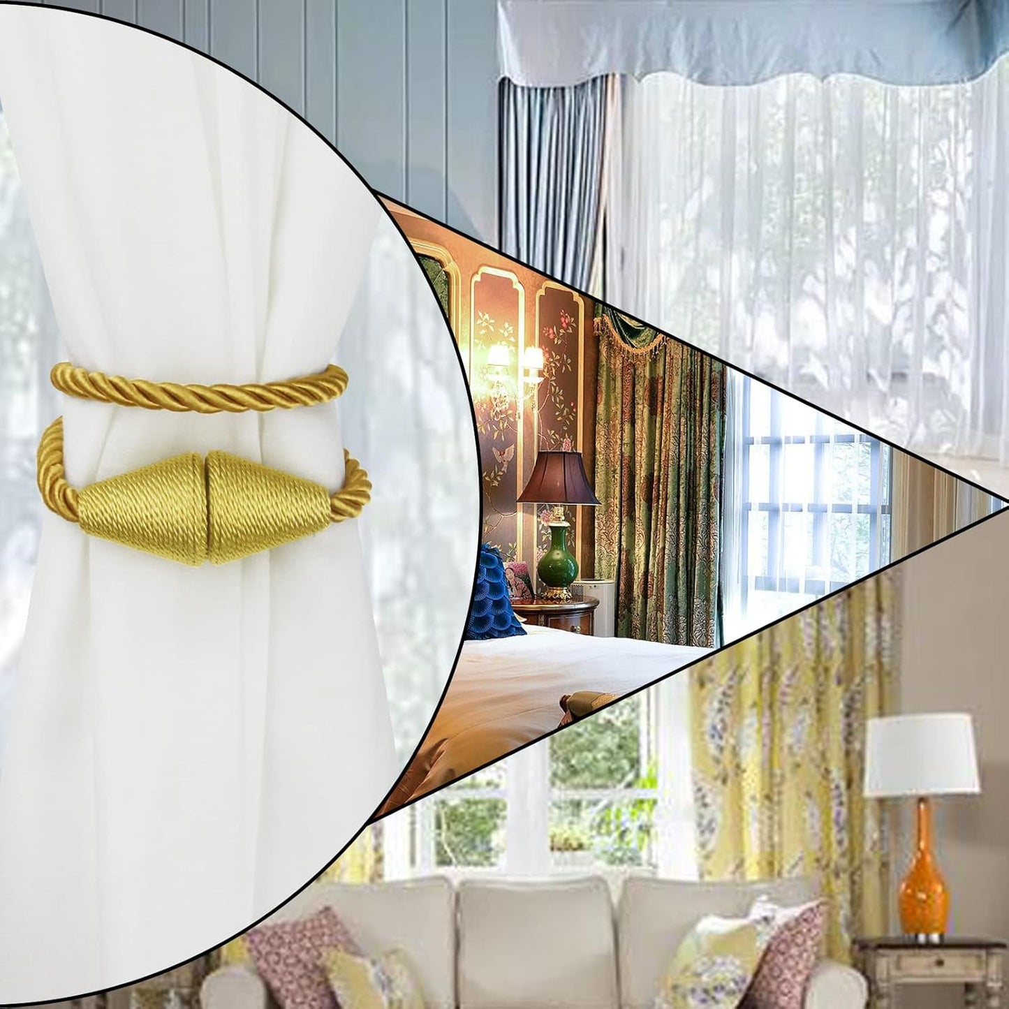 4 Pack Magnetic Curtain Tiebacks Rope Modern Handmade Curtain Tie Backs Decorative Drapes Weave Holdbacks for Window Décor, Gold