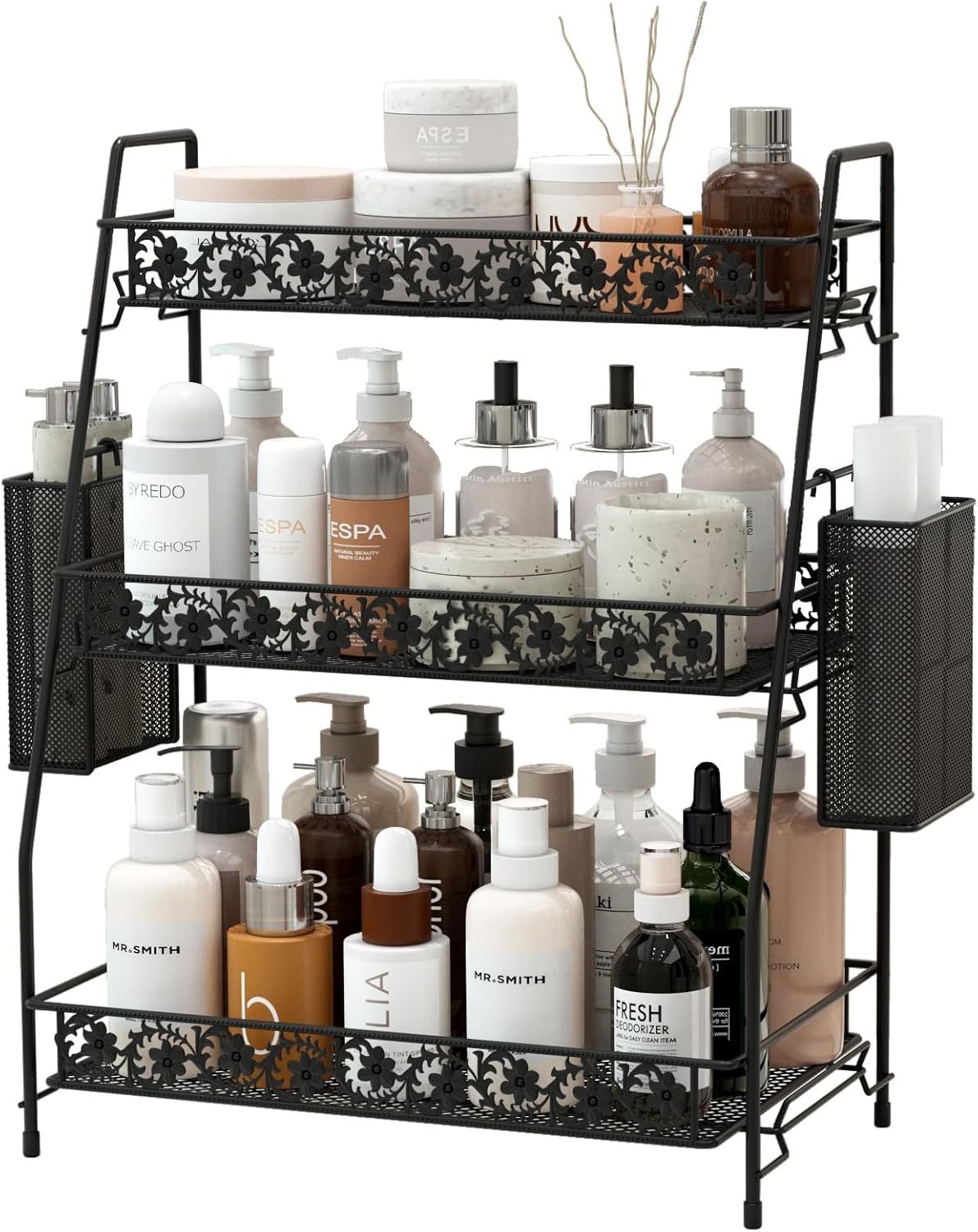 3-Tier Large Size Storage Rack,Counter Organiztion for Bathroom Countertop Organizer Shelf for Spice Racks for Kitchen/Sink/Bedroom/Living room/Office/Plant Rack with Two Metal Baskets