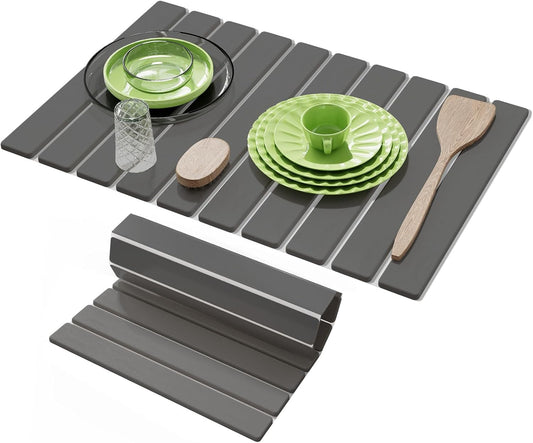 Stone Dish Drying Mats for Kitchen Counter,23.6''x15.3'' Foldable Quick Dry Stone Mat Kitchen,Eco-Friendly,Absorbent Diatomaceous Earth Mats for Dishes Bottles Cups Bathroom Any Countertop-Dark Gray