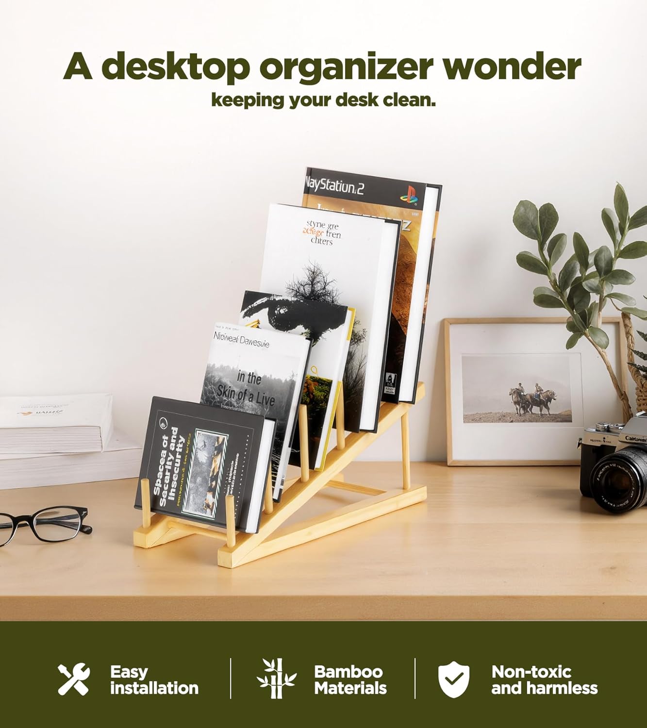 2-Pack Bamboo Dish Drying Rack, 5 Slots Kitchen Organizer Craft Show Display Stand for Holds Plates, Cups, Cutting Boards, Pot Lids, Canvas, Books, Records and Magazine