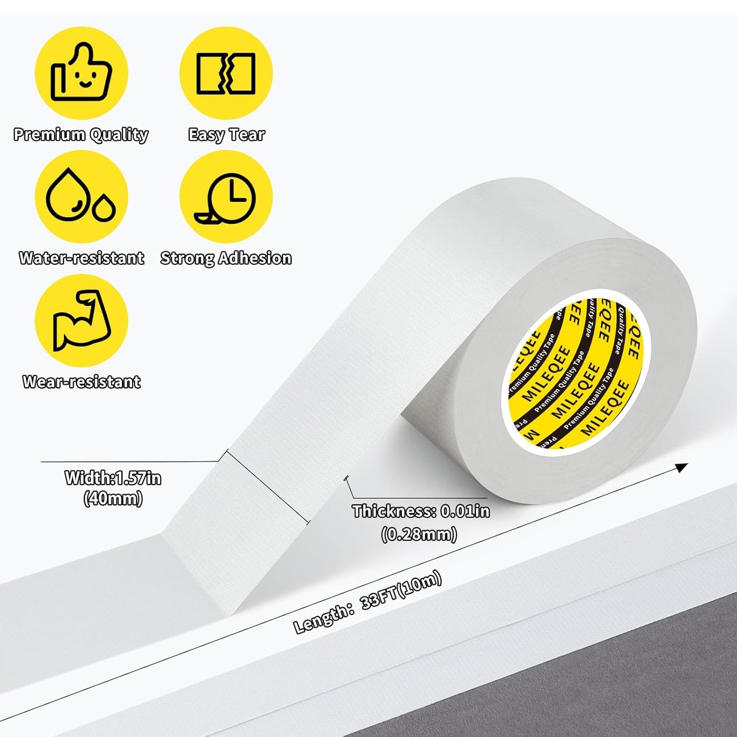 3Pack Duct Tape Heavy Duty Single Sided, Strong Adhesive High Strength, Waterproof Mesh Tape for Indoor Outdoor Repairing Sealing Bonding, Easy Use Hand Tearable, 1.57 Inch x 33 Feet, White